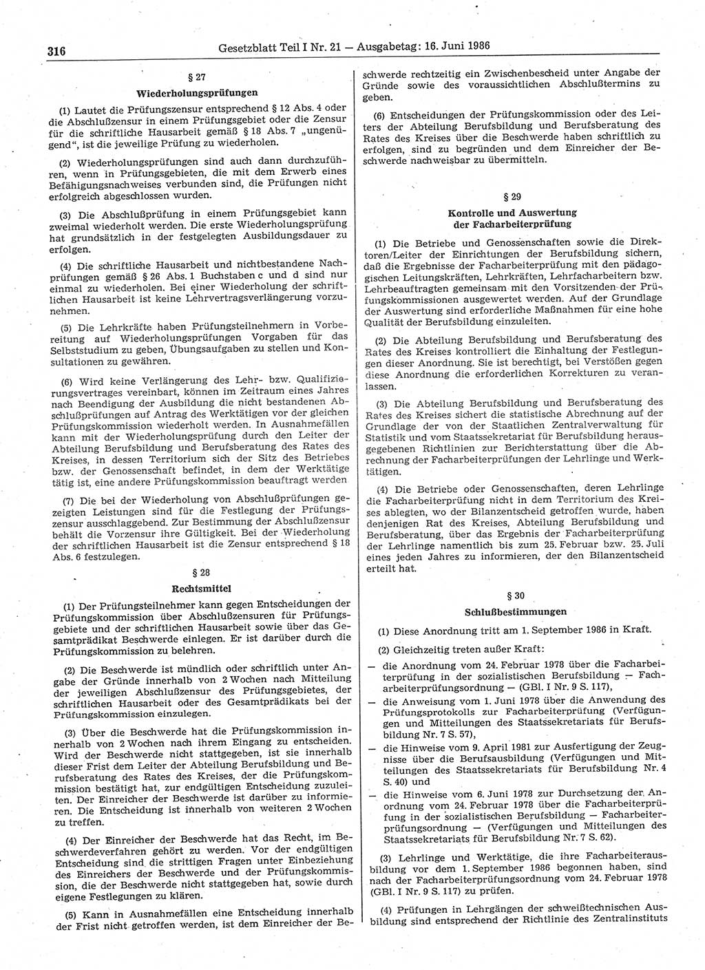 Gesetzblatt (GBl.) der Deutschen Demokratischen Republik (DDR) Teil Ⅰ 1986, Seite 316 (GBl. DDR Ⅰ 1986, S. 316)