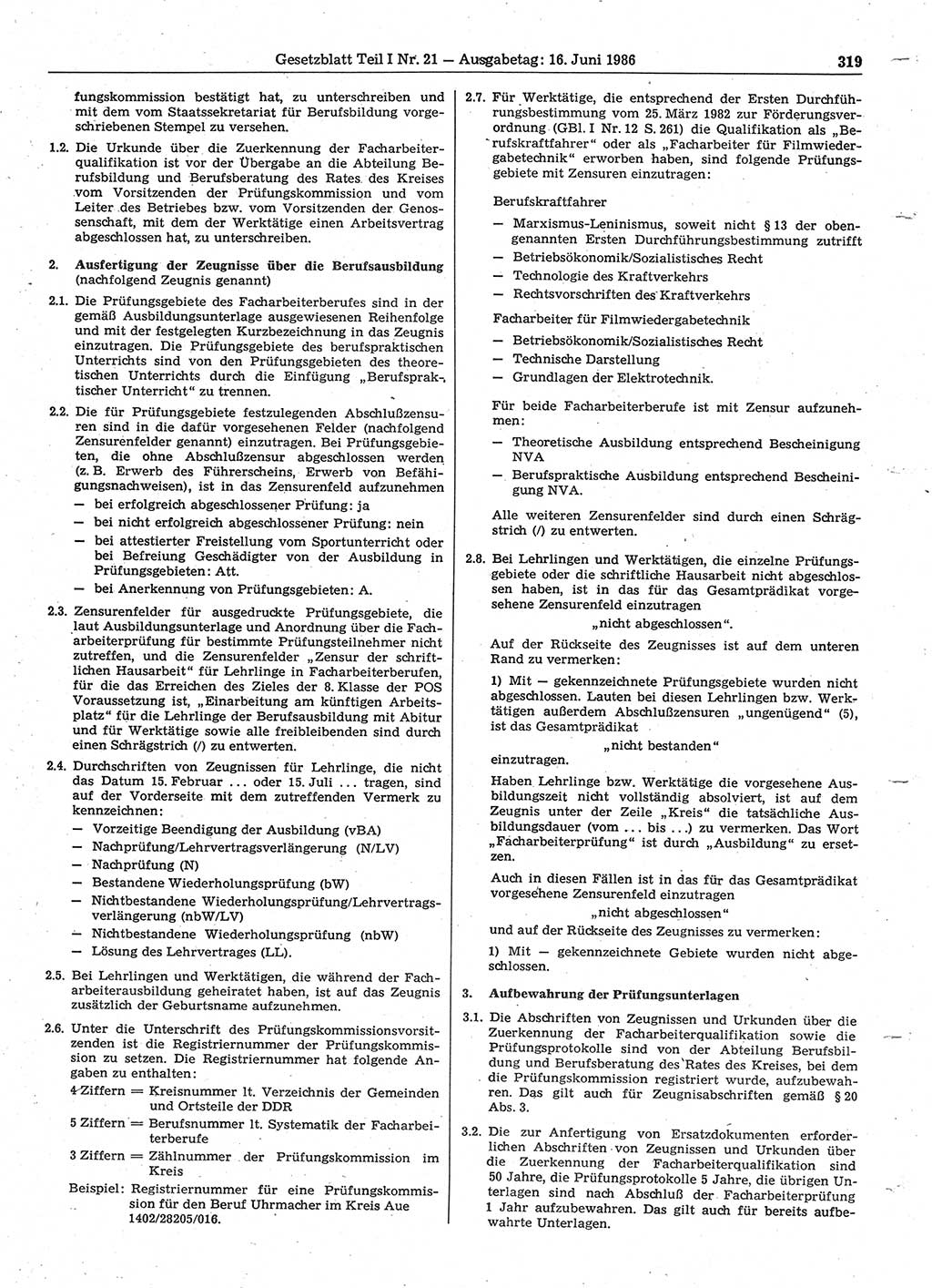 Gesetzblatt (GBl.) der Deutschen Demokratischen Republik (DDR) Teil Ⅰ 1986, Seite 319 (GBl. DDR Ⅰ 1986, S. 319)