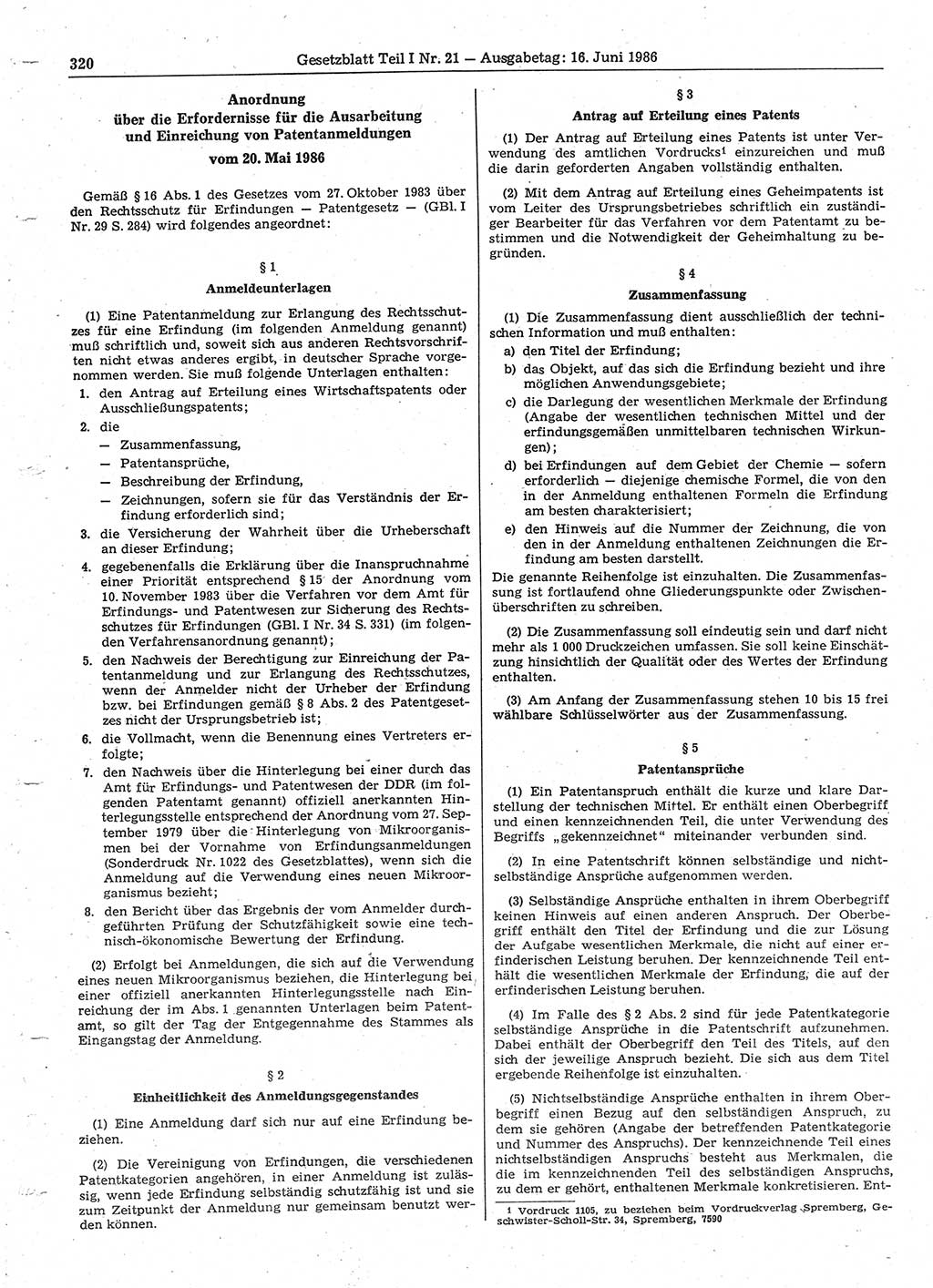 Gesetzblatt (GBl.) der Deutschen Demokratischen Republik (DDR) Teil Ⅰ 1986, Seite 320 (GBl. DDR Ⅰ 1986, S. 320)
