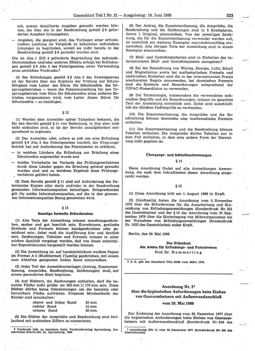Gesetzblatt (GBl.) der Deutschen Demokratischen Republik (DDR) Teil Ⅰ 1986, Seite 323 (GBl. DDR Ⅰ 1986, S. 323)