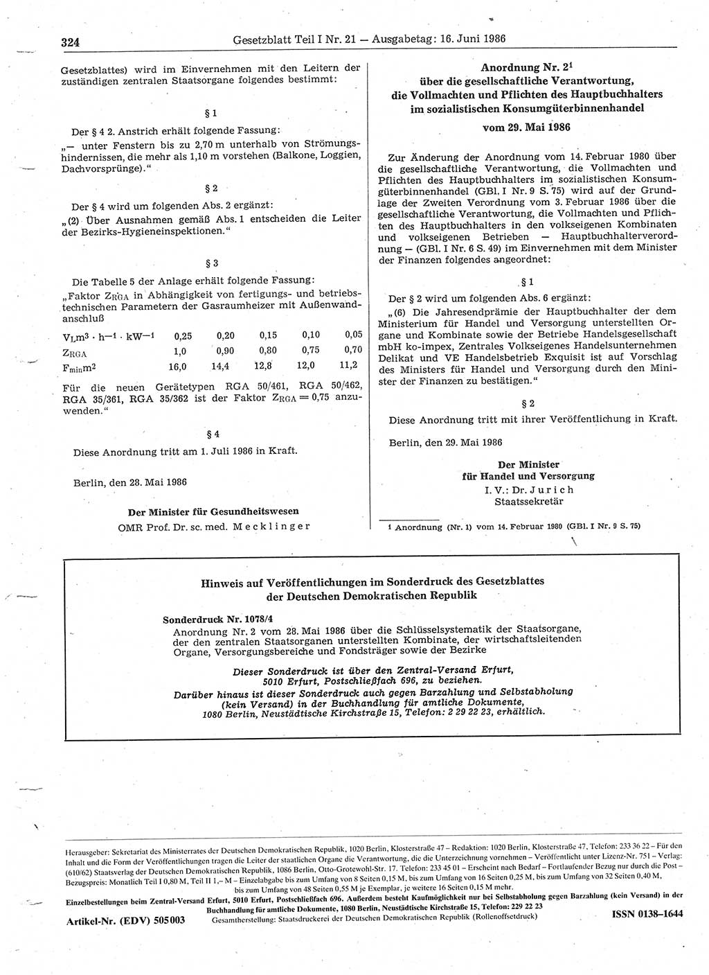 Gesetzblatt (GBl.) der Deutschen Demokratischen Republik (DDR) Teil Ⅰ 1986, Seite 324 (GBl. DDR Ⅰ 1986, S. 324)