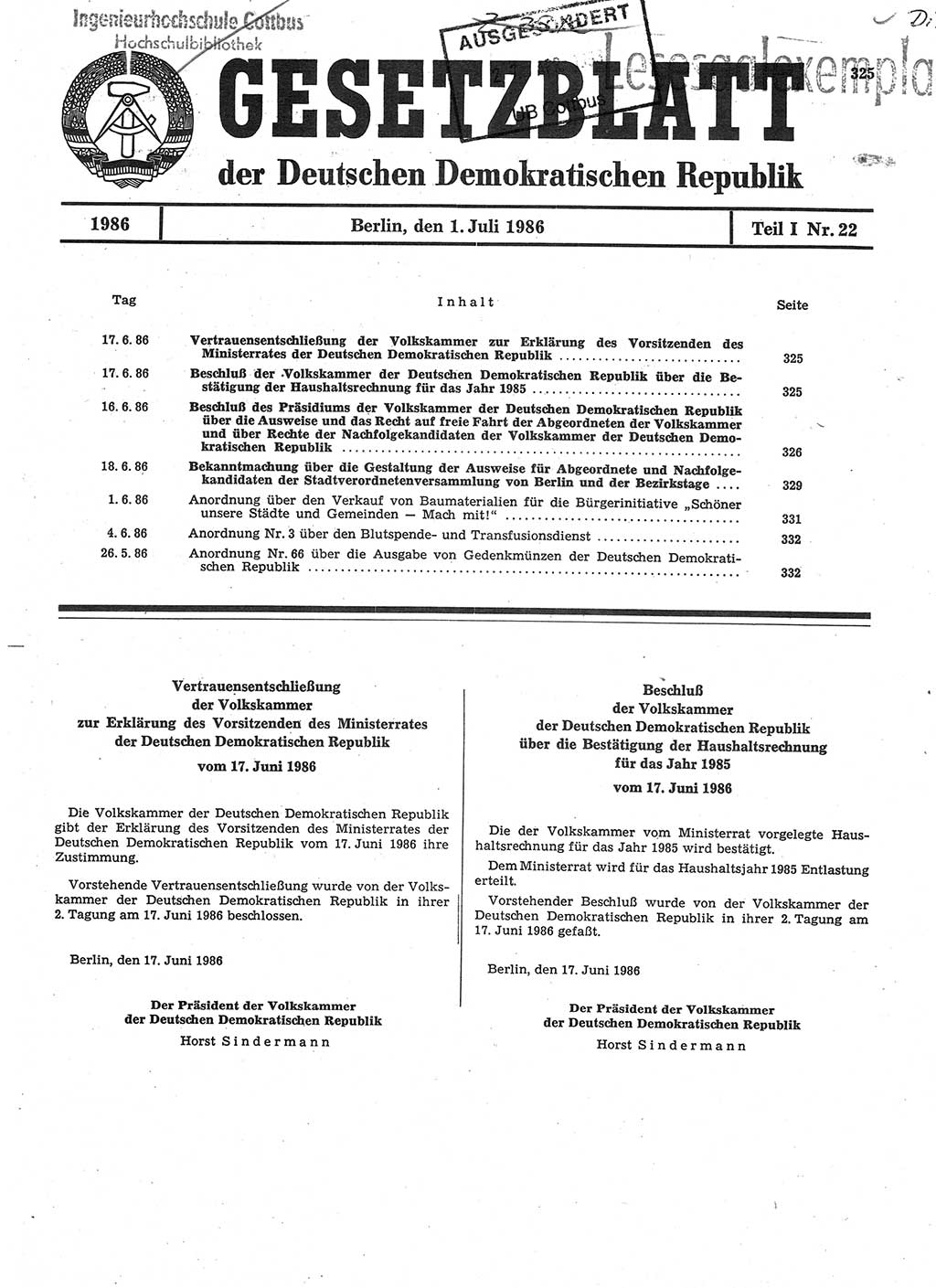 Gesetzblatt (GBl.) der Deutschen Demokratischen Republik (DDR) Teil Ⅰ 1986, Seite 325 (GBl. DDR Ⅰ 1986, S. 325)