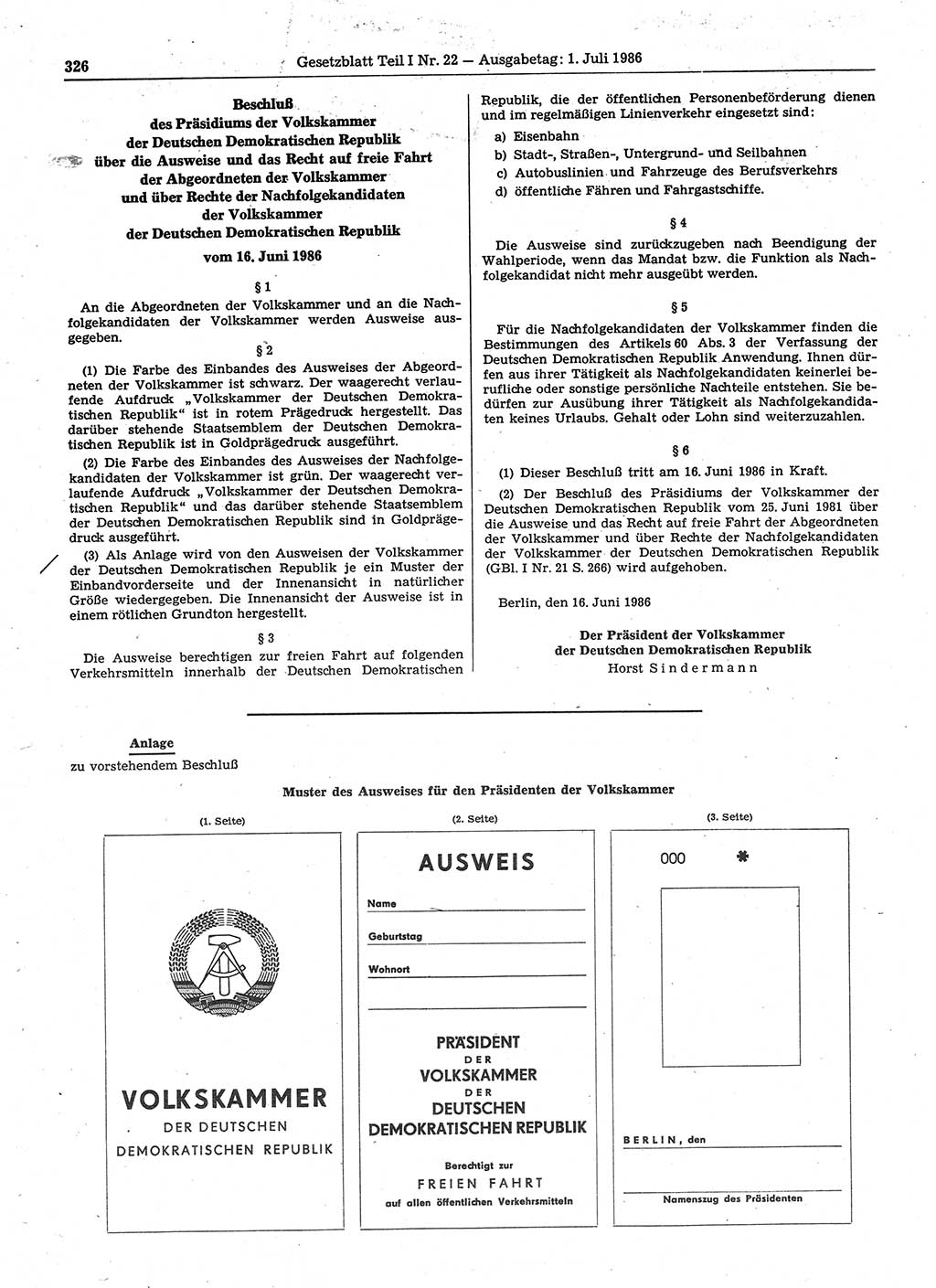 Gesetzblatt (GBl.) der Deutschen Demokratischen Republik (DDR) Teil Ⅰ 1986, Seite 326 (GBl. DDR Ⅰ 1986, S. 326)