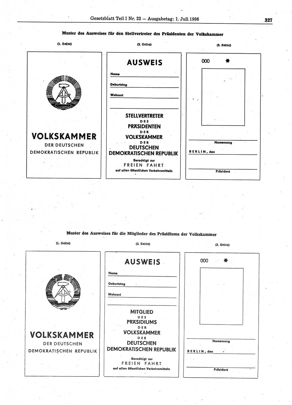 Gesetzblatt (GBl.) der Deutschen Demokratischen Republik (DDR) Teil Ⅰ 1986, Seite 327 (GBl. DDR Ⅰ 1986, S. 327)
