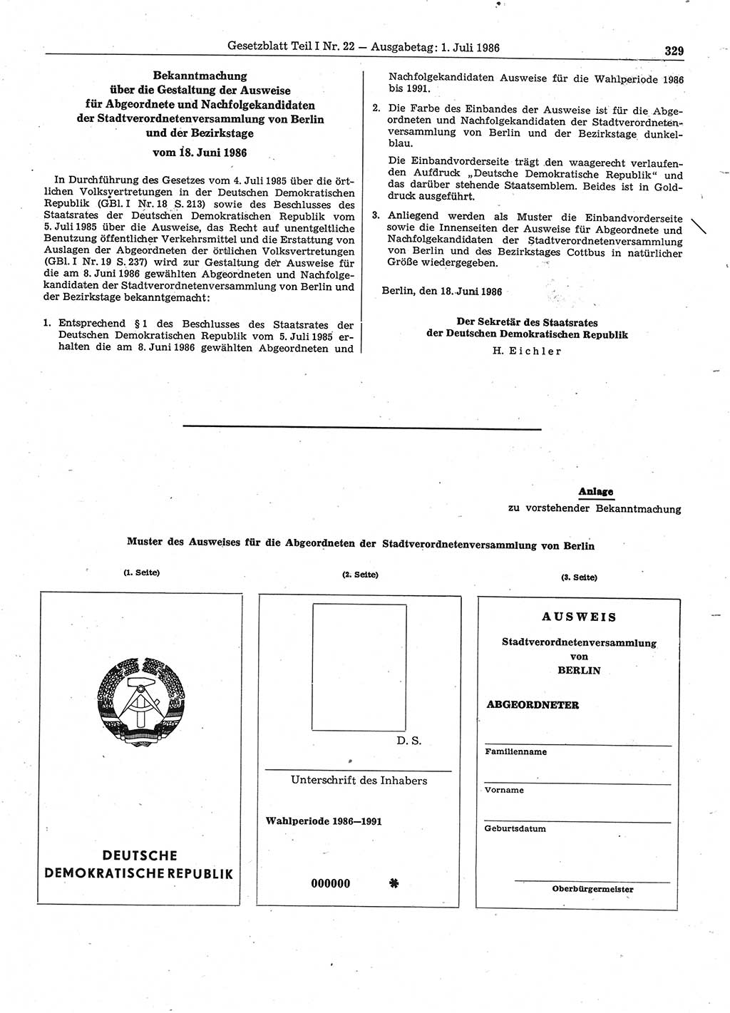 Gesetzblatt (GBl.) der Deutschen Demokratischen Republik (DDR) Teil Ⅰ 1986, Seite 329 (GBl. DDR Ⅰ 1986, S. 329)