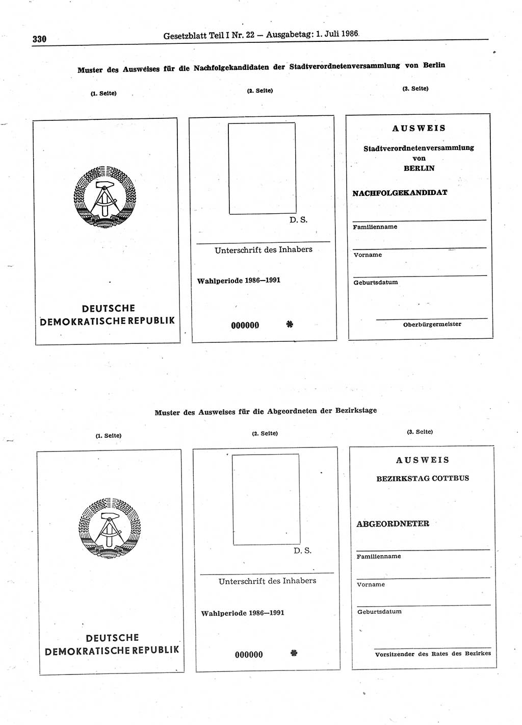 Gesetzblatt (GBl.) der Deutschen Demokratischen Republik (DDR) Teil Ⅰ 1986, Seite 330 (GBl. DDR Ⅰ 1986, S. 330)