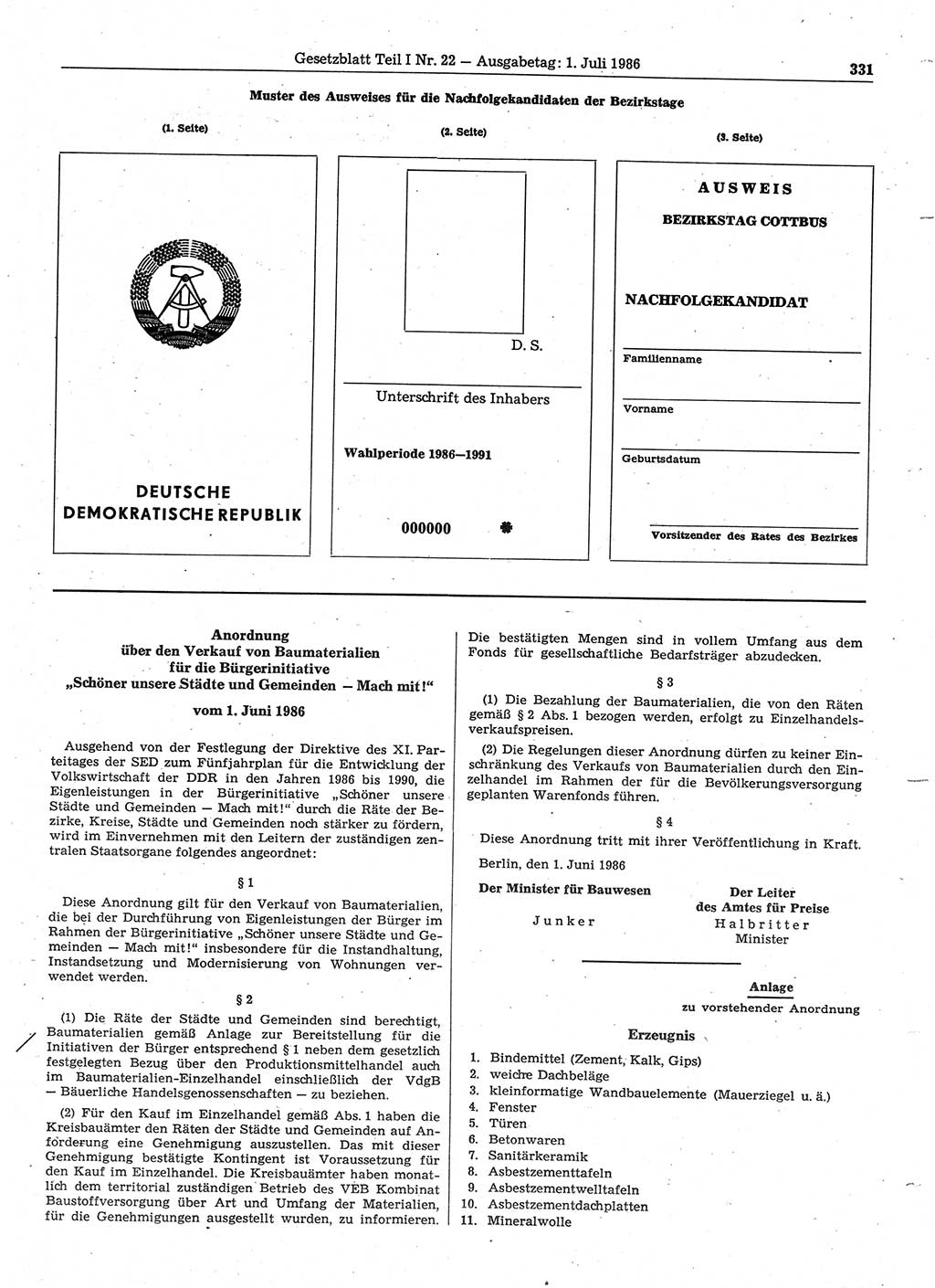 Gesetzblatt (GBl.) der Deutschen Demokratischen Republik (DDR) Teil Ⅰ 1986, Seite 331 (GBl. DDR Ⅰ 1986, S. 331)