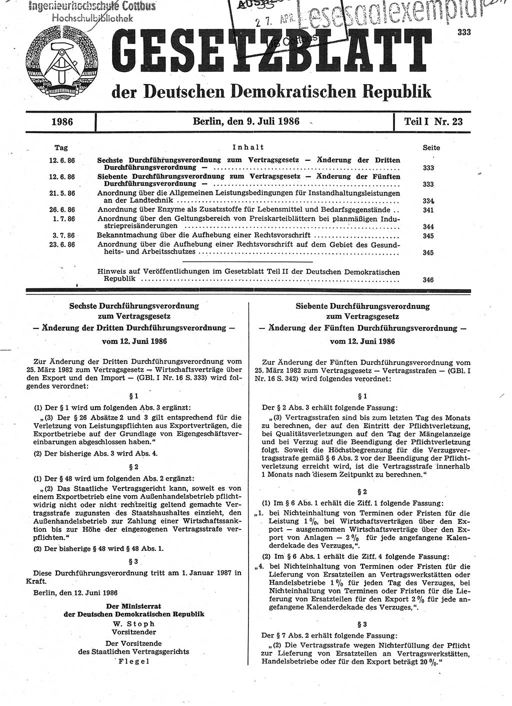 Gesetzblatt (GBl.) der Deutschen Demokratischen Republik (DDR) Teil Ⅰ 1986, Seite 333 (GBl. DDR Ⅰ 1986, S. 333)