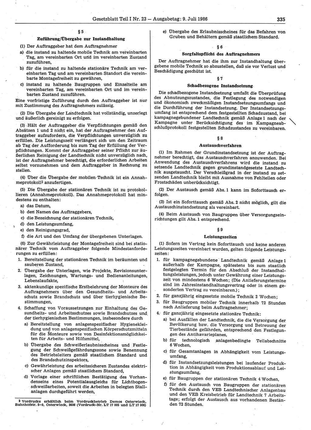 Gesetzblatt (GBl.) der Deutschen Demokratischen Republik (DDR) Teil Ⅰ 1986, Seite 335 (GBl. DDR Ⅰ 1986, S. 335)