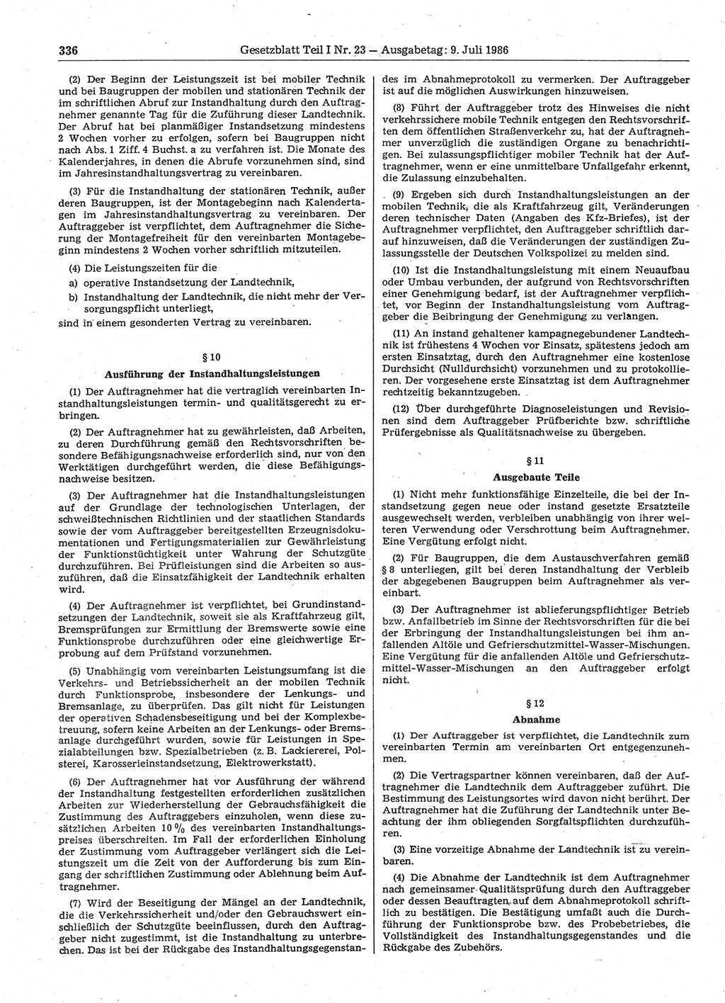 Gesetzblatt (GBl.) der Deutschen Demokratischen Republik (DDR) Teil Ⅰ 1986, Seite 336 (GBl. DDR Ⅰ 1986, S. 336)