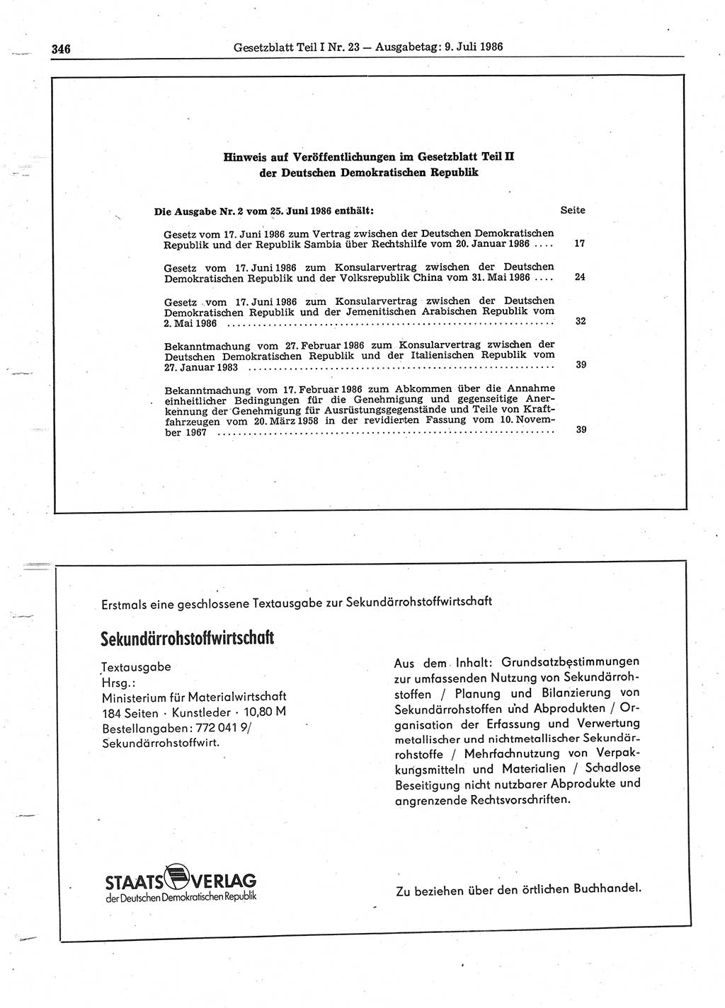 Gesetzblatt (GBl.) der Deutschen Demokratischen Republik (DDR) Teil Ⅰ 1986, Seite 346 (GBl. DDR Ⅰ 1986, S. 346)