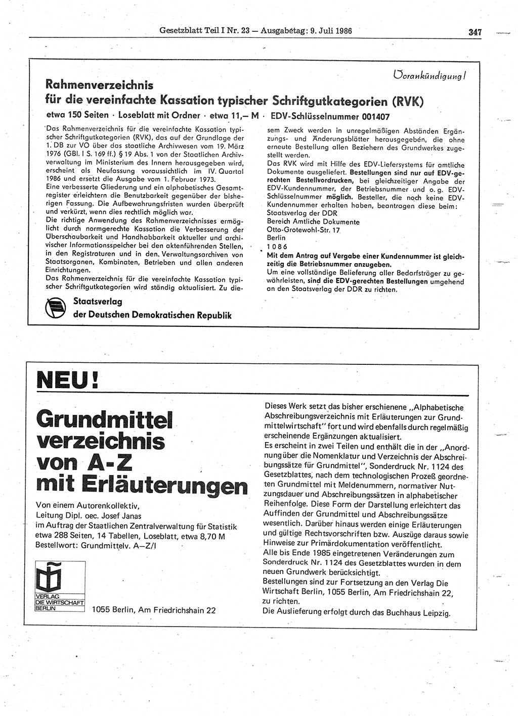 Gesetzblatt (GBl.) der Deutschen Demokratischen Republik (DDR) Teil Ⅰ 1986, Seite 347 (GBl. DDR Ⅰ 1986, S. 347)