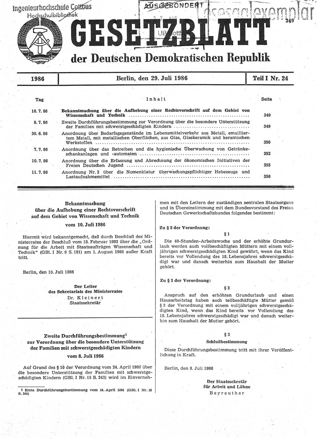 Gesetzblatt (GBl.) der Deutschen Demokratischen Republik (DDR) Teil Ⅰ 1986, Seite 349 (GBl. DDR Ⅰ 1986, S. 349)