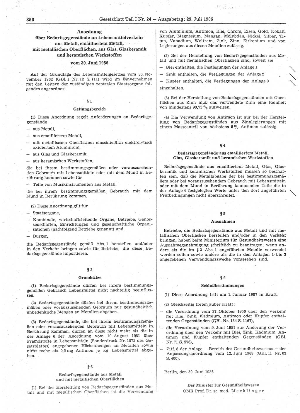 Gesetzblatt (GBl.) der Deutschen Demokratischen Republik (DDR) Teil Ⅰ 1986, Seite 350 (GBl. DDR Ⅰ 1986, S. 350)