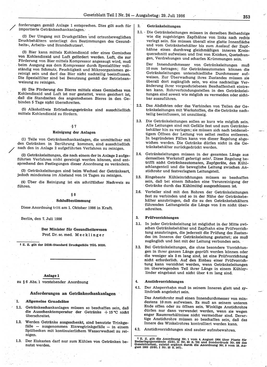 Gesetzblatt (GBl.) der Deutschen Demokratischen Republik (DDR) Teil Ⅰ 1986, Seite 353 (GBl. DDR Ⅰ 1986, S. 353)