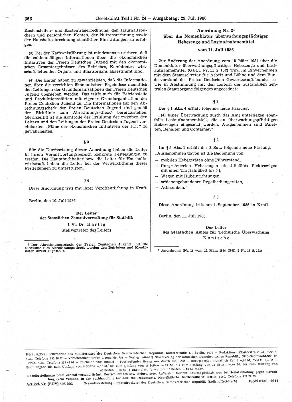Gesetzblatt (GBl.) der Deutschen Demokratischen Republik (DDR) Teil Ⅰ 1986, Seite 356 (GBl. DDR Ⅰ 1986, S. 356)