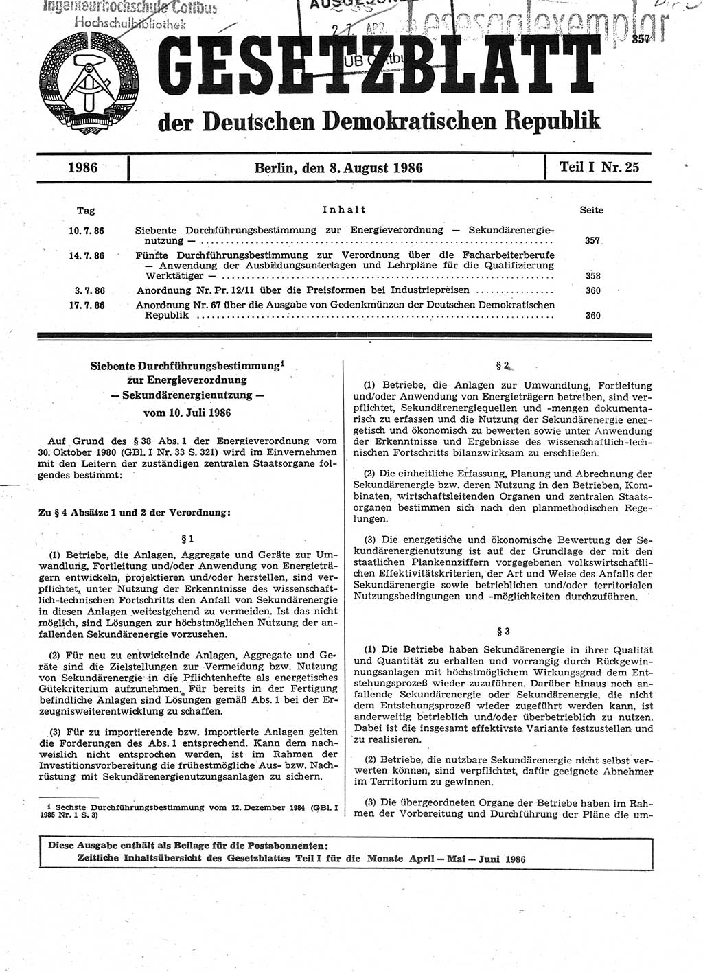 Gesetzblatt (GBl.) der Deutschen Demokratischen Republik (DDR) Teil Ⅰ 1986, Seite 357 (GBl. DDR Ⅰ 1986, S. 357)