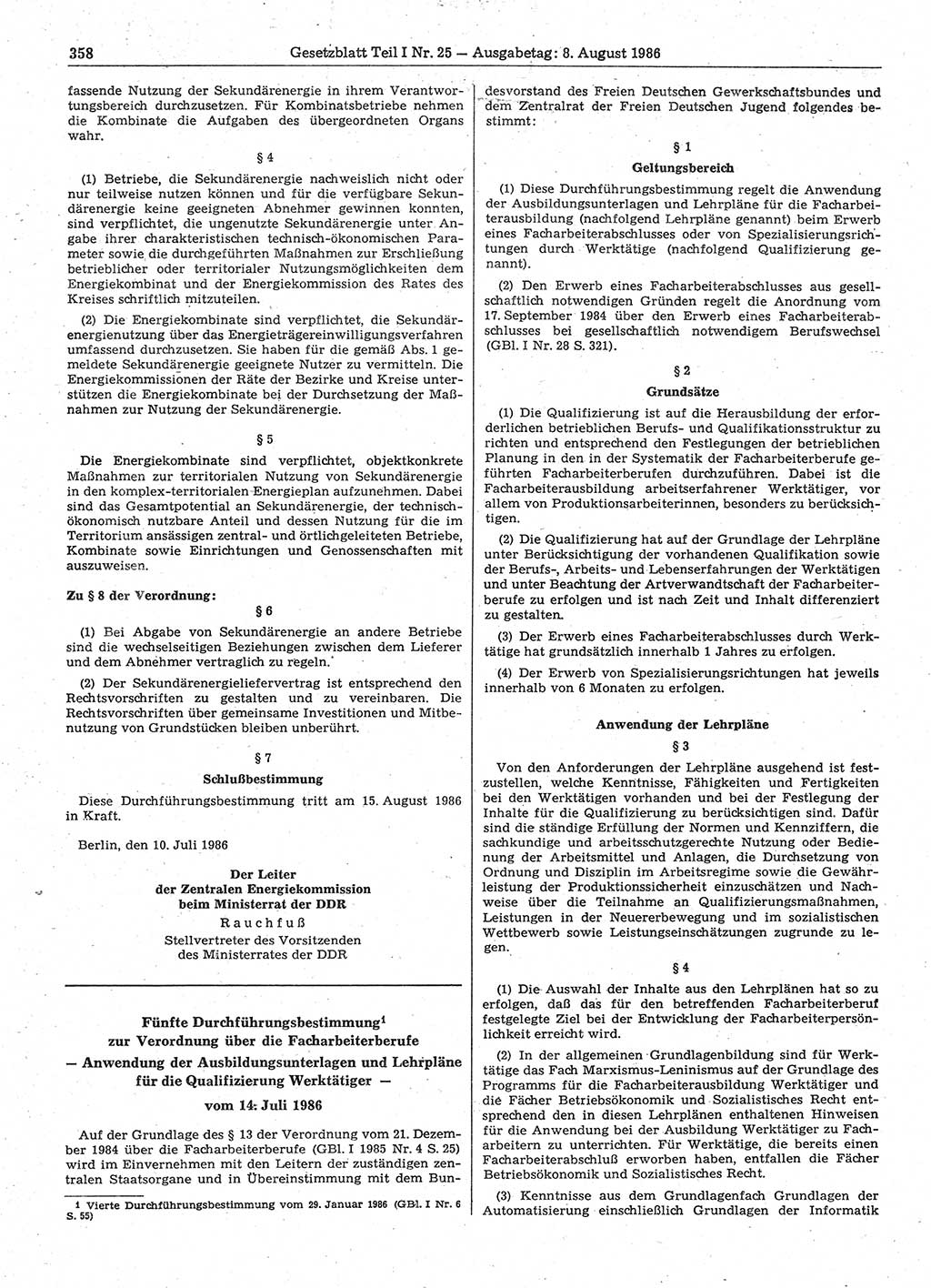 Gesetzblatt (GBl.) der Deutschen Demokratischen Republik (DDR) Teil Ⅰ 1986, Seite 358 (GBl. DDR Ⅰ 1986, S. 358)