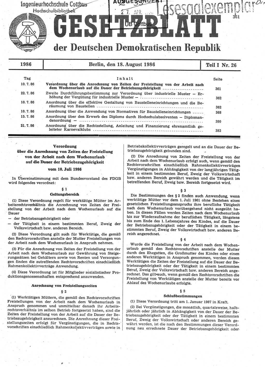 Gesetzblatt (GBl.) der Deutschen Demokratischen Republik (DDR) Teil Ⅰ 1986, Seite 361 (GBl. DDR Ⅰ 1986, S. 361)