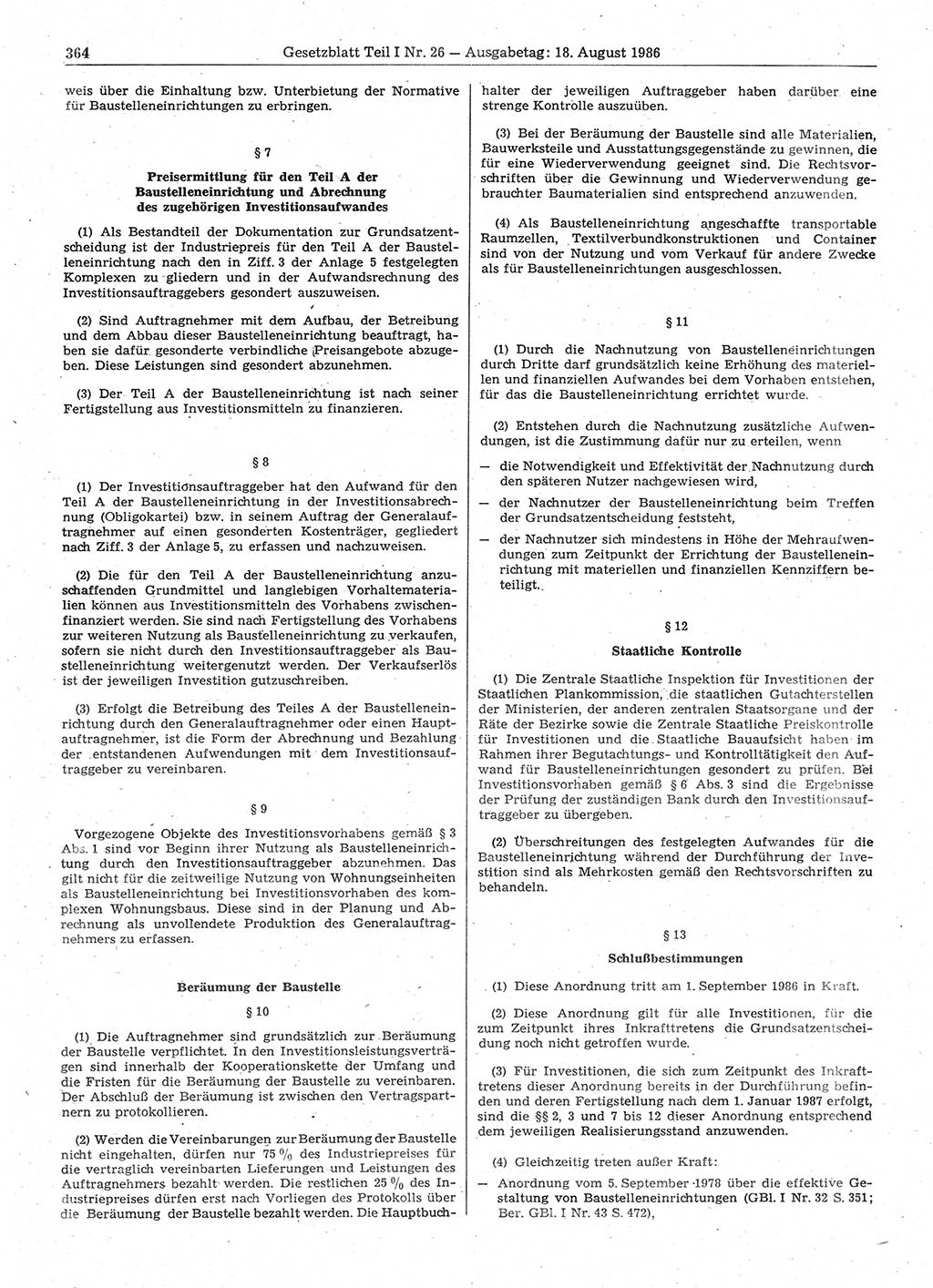 Gesetzblatt (GBl.) der Deutschen Demokratischen Republik (DDR) Teil Ⅰ 1986, Seite 364 (GBl. DDR Ⅰ 1986, S. 364)