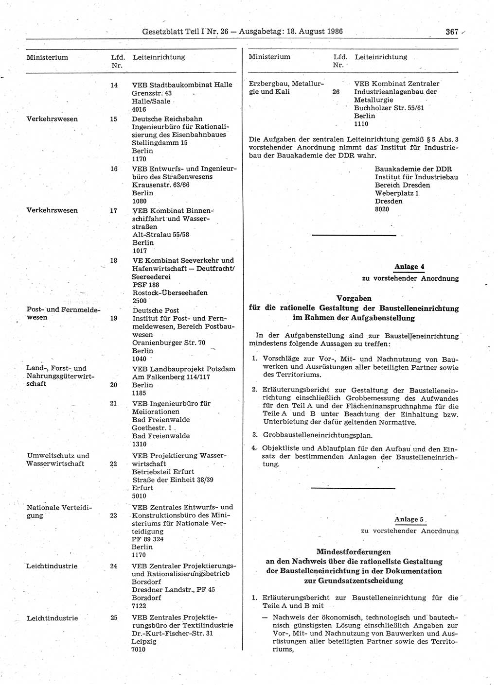 Gesetzblatt (GBl.) der Deutschen Demokratischen Republik (DDR) Teil Ⅰ 1986, Seite 367 (GBl. DDR Ⅰ 1986, S. 367)