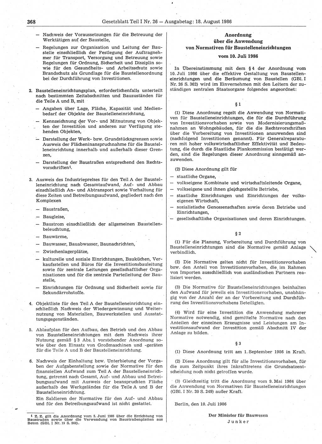 Gesetzblatt (GBl.) der Deutschen Demokratischen Republik (DDR) Teil Ⅰ 1986, Seite 368 (GBl. DDR Ⅰ 1986, S. 368)