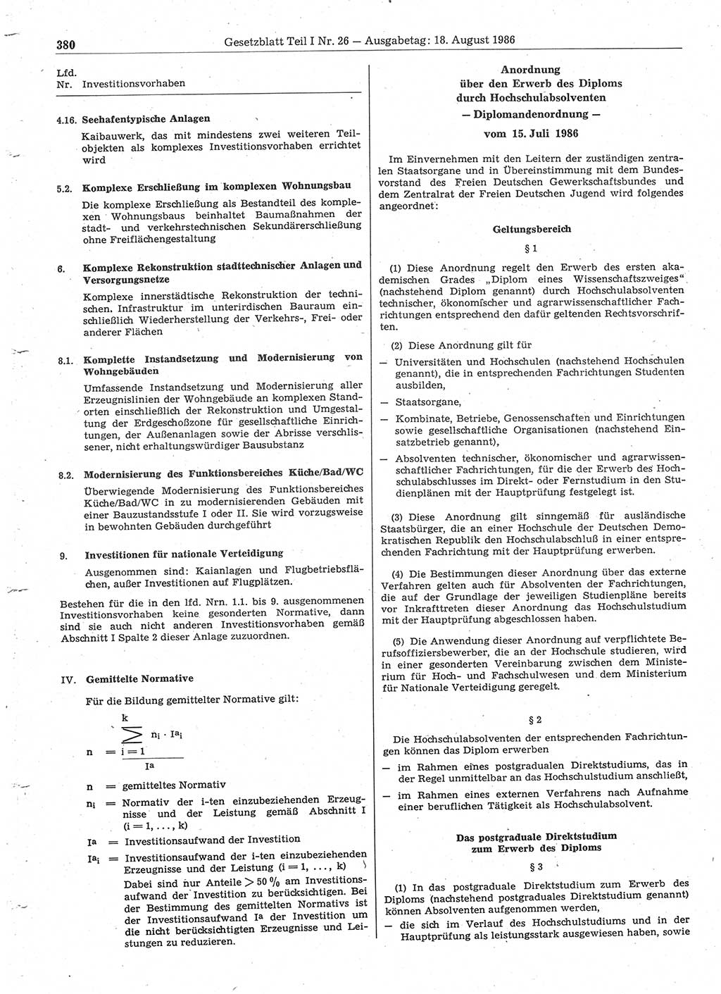 Gesetzblatt (GBl.) der Deutschen Demokratischen Republik (DDR) Teil Ⅰ 1986, Seite 380 (GBl. DDR Ⅰ 1986, S. 380)