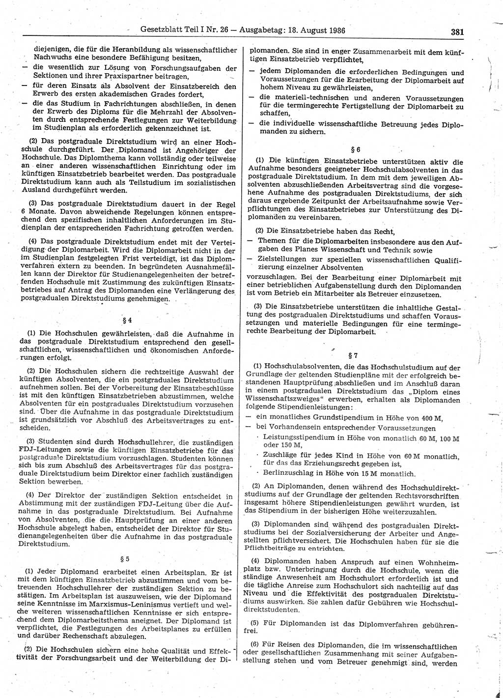Gesetzblatt (GBl.) der Deutschen Demokratischen Republik (DDR) Teil Ⅰ 1986, Seite 381 (GBl. DDR Ⅰ 1986, S. 381)