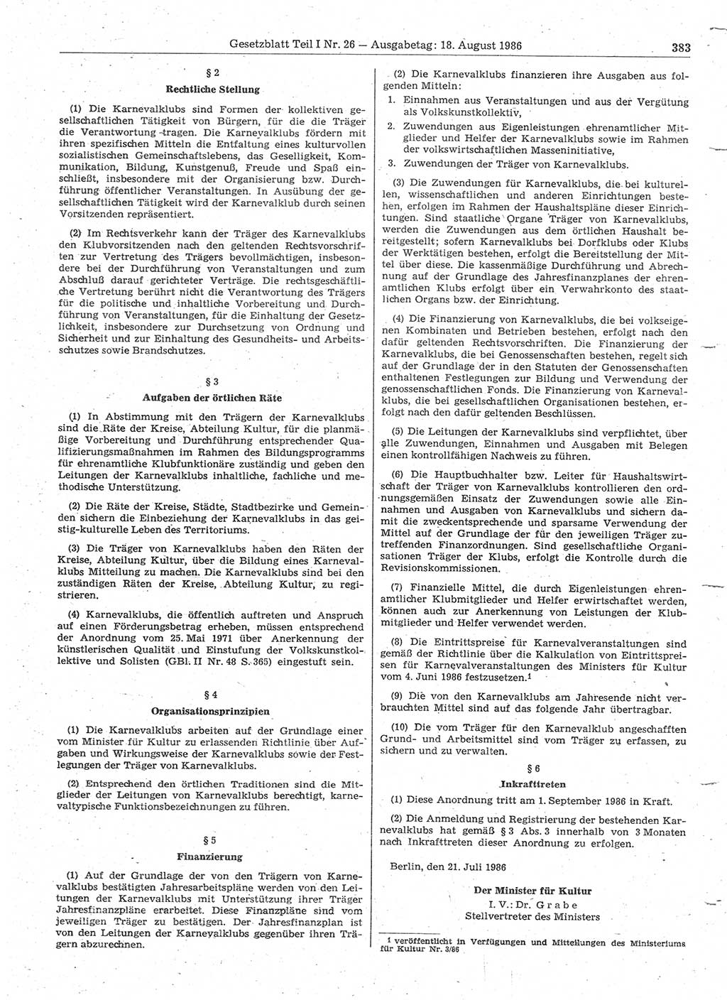 Gesetzblatt (GBl.) der Deutschen Demokratischen Republik (DDR) Teil Ⅰ 1986, Seite 383 (GBl. DDR Ⅰ 1986, S. 383)