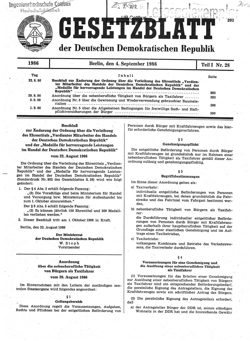 Gesetzblatt (GBl.) der Deutschen Demokratischen Republik (DDR) Teil Ⅰ 1986, Seite 393 (GBl. DDR Ⅰ 1986, S. 393)