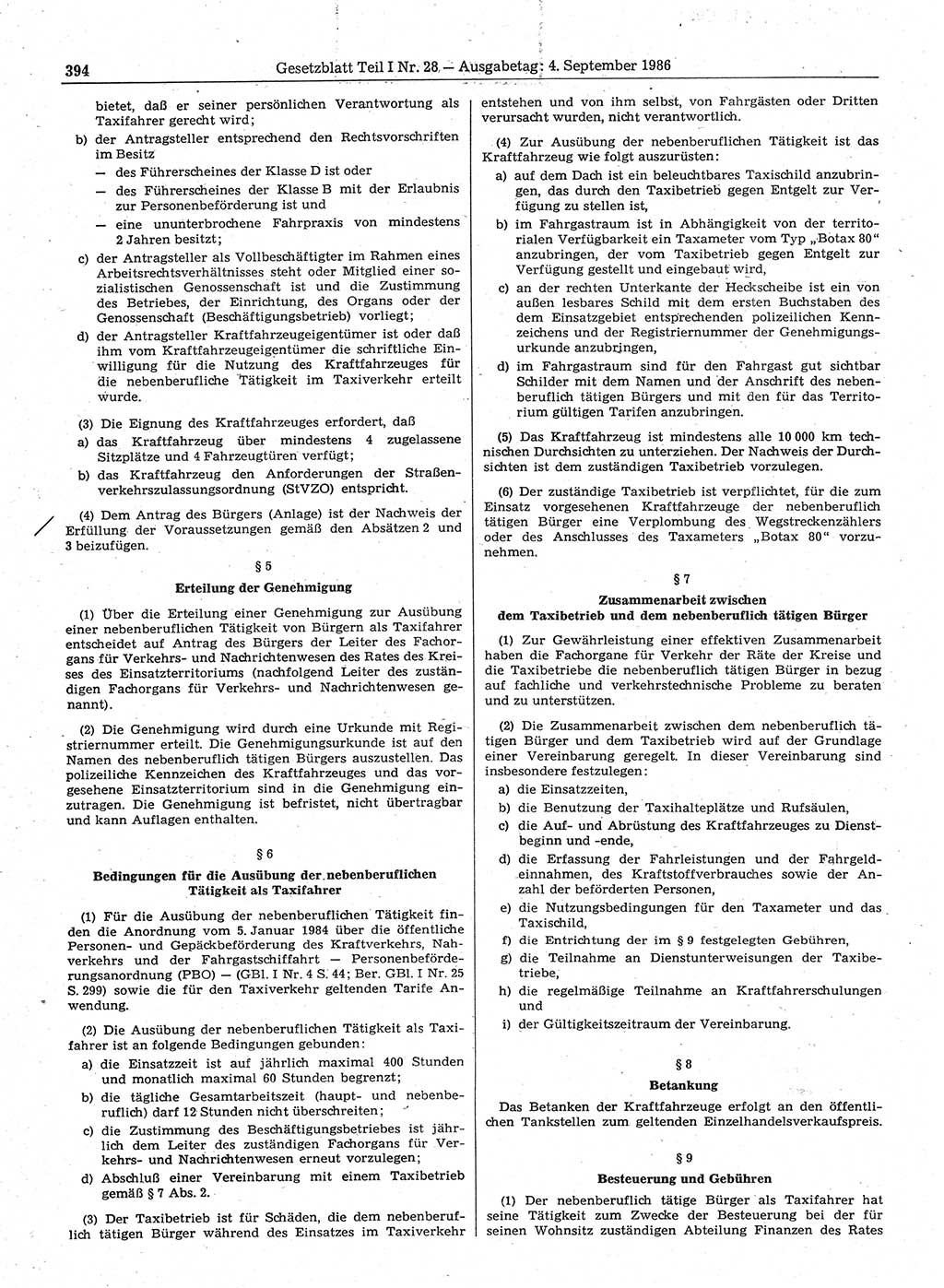 Gesetzblatt (GBl.) der Deutschen Demokratischen Republik (DDR) Teil Ⅰ 1986, Seite 394 (GBl. DDR Ⅰ 1986, S. 394)