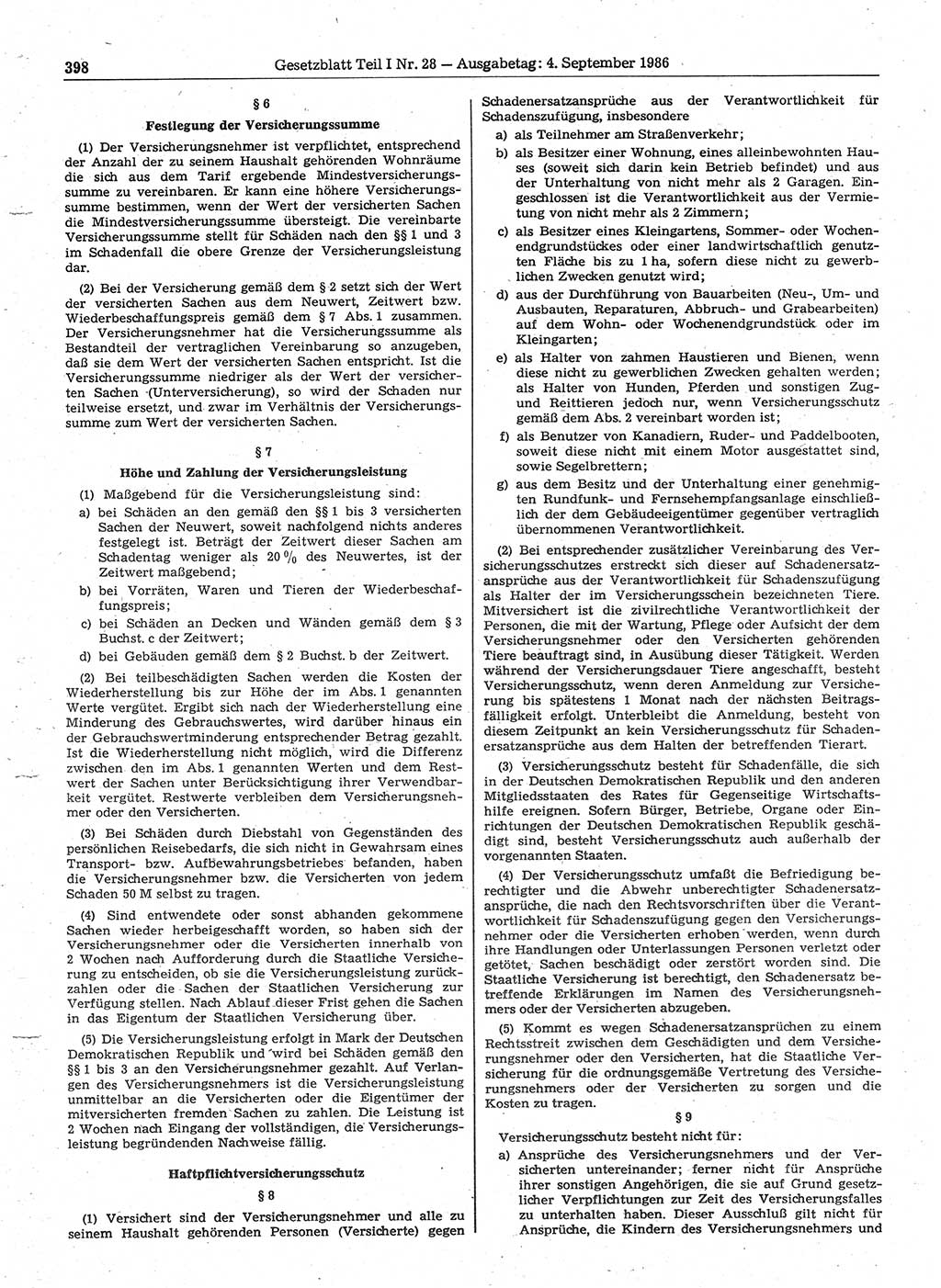 Gesetzblatt (GBl.) der Deutschen Demokratischen Republik (DDR) Teil Ⅰ 1986, Seite 398 (GBl. DDR Ⅰ 1986, S. 398)