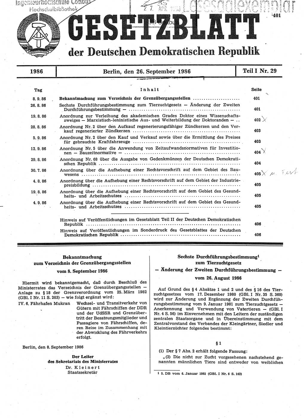 Gesetzblatt (GBl.) der Deutschen Demokratischen Republik (DDR) Teil Ⅰ 1986, Seite 401 (GBl. DDR Ⅰ 1986, S. 401)