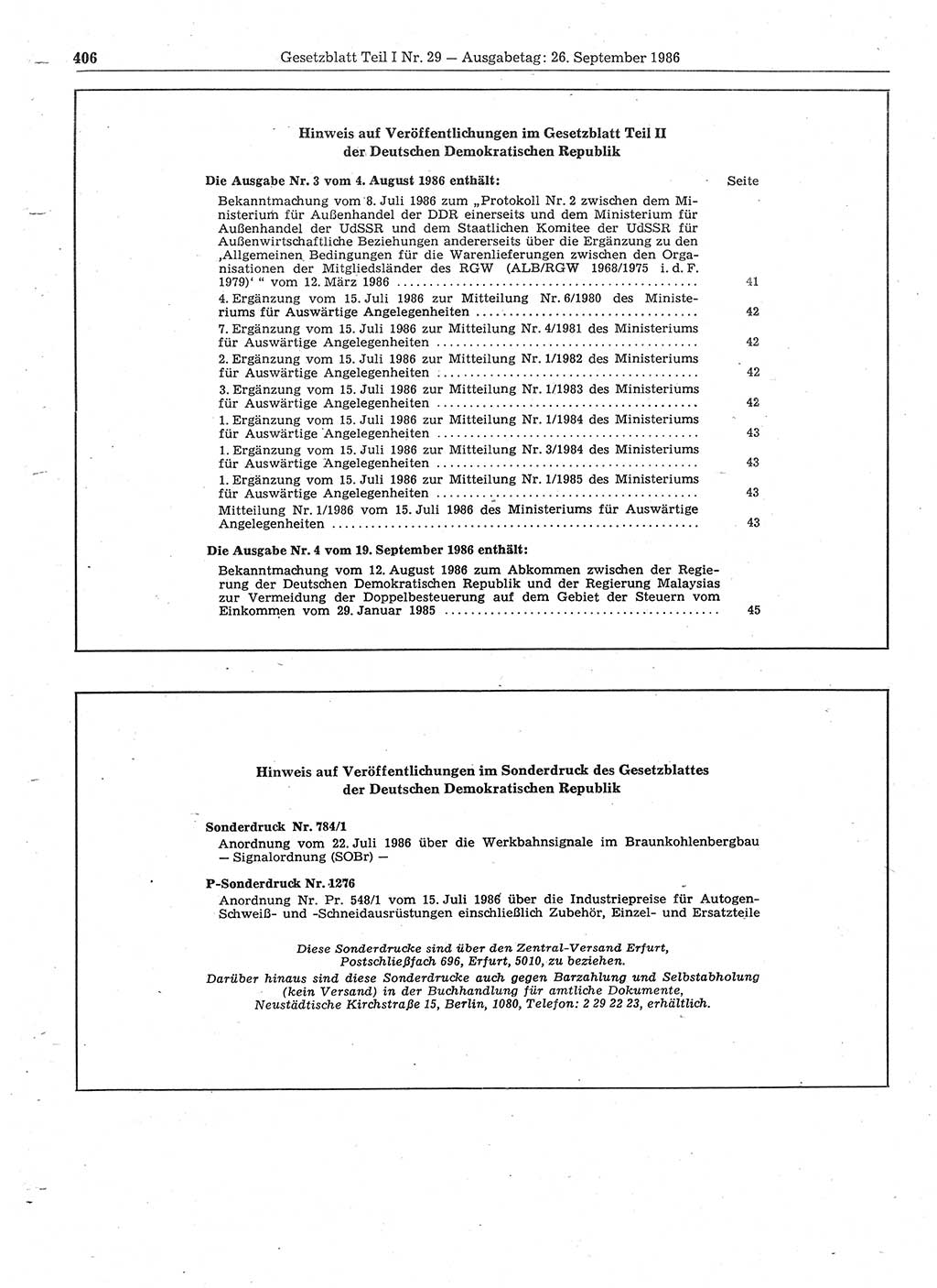 Gesetzblatt (GBl.) der Deutschen Demokratischen Republik (DDR) Teil Ⅰ 1986, Seite 406 (GBl. DDR Ⅰ 1986, S. 406)