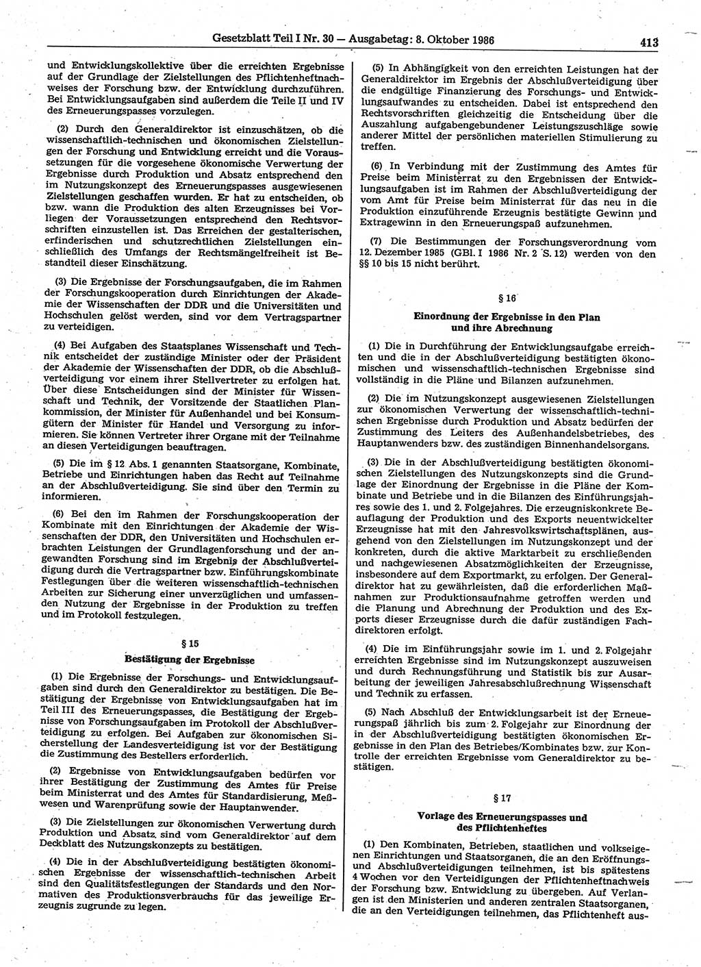 Gesetzblatt (GBl.) der Deutschen Demokratischen Republik (DDR) Teil Ⅰ 1986, Seite 413 (GBl. DDR Ⅰ 1986, S. 413)