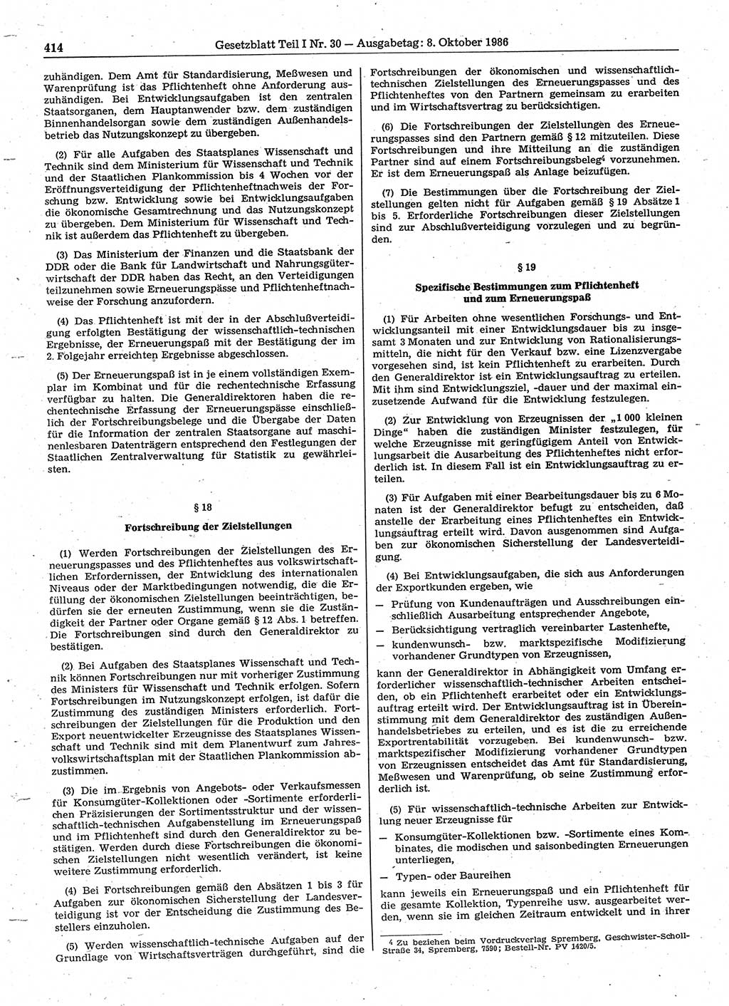 Gesetzblatt (GBl.) der Deutschen Demokratischen Republik (DDR) Teil Ⅰ 1986, Seite 414 (GBl. DDR Ⅰ 1986, S. 414)
