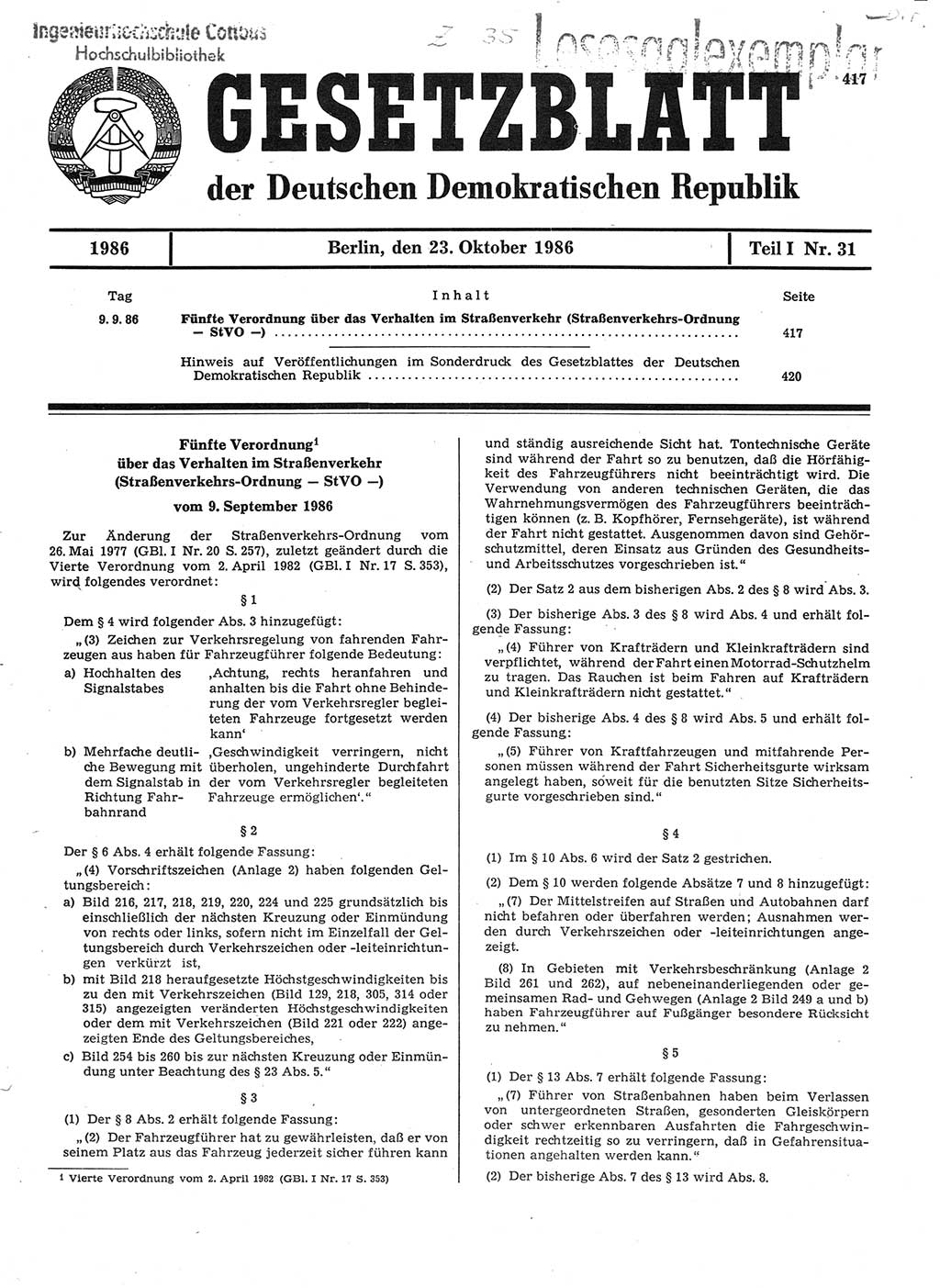 Gesetzblatt (GBl.) der Deutschen Demokratischen Republik (DDR) Teil Ⅰ 1986, Seite 417 (GBl. DDR Ⅰ 1986, S. 417)