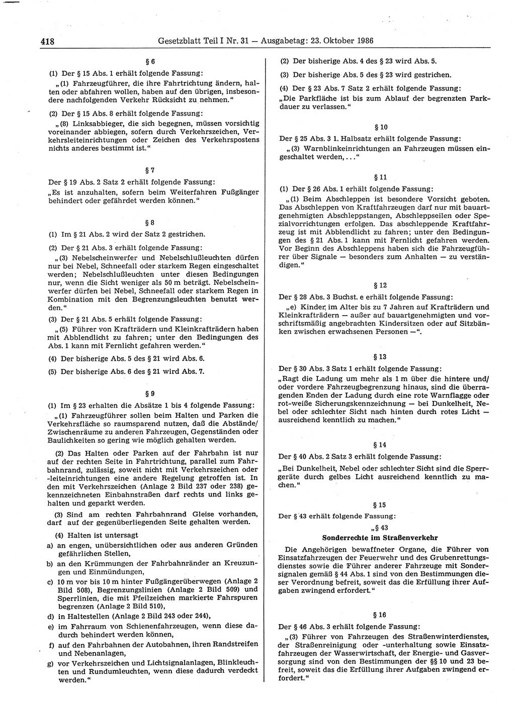 Gesetzblatt (GBl.) der Deutschen Demokratischen Republik (DDR) Teil Ⅰ 1986, Seite 418 (GBl. DDR Ⅰ 1986, S. 418)