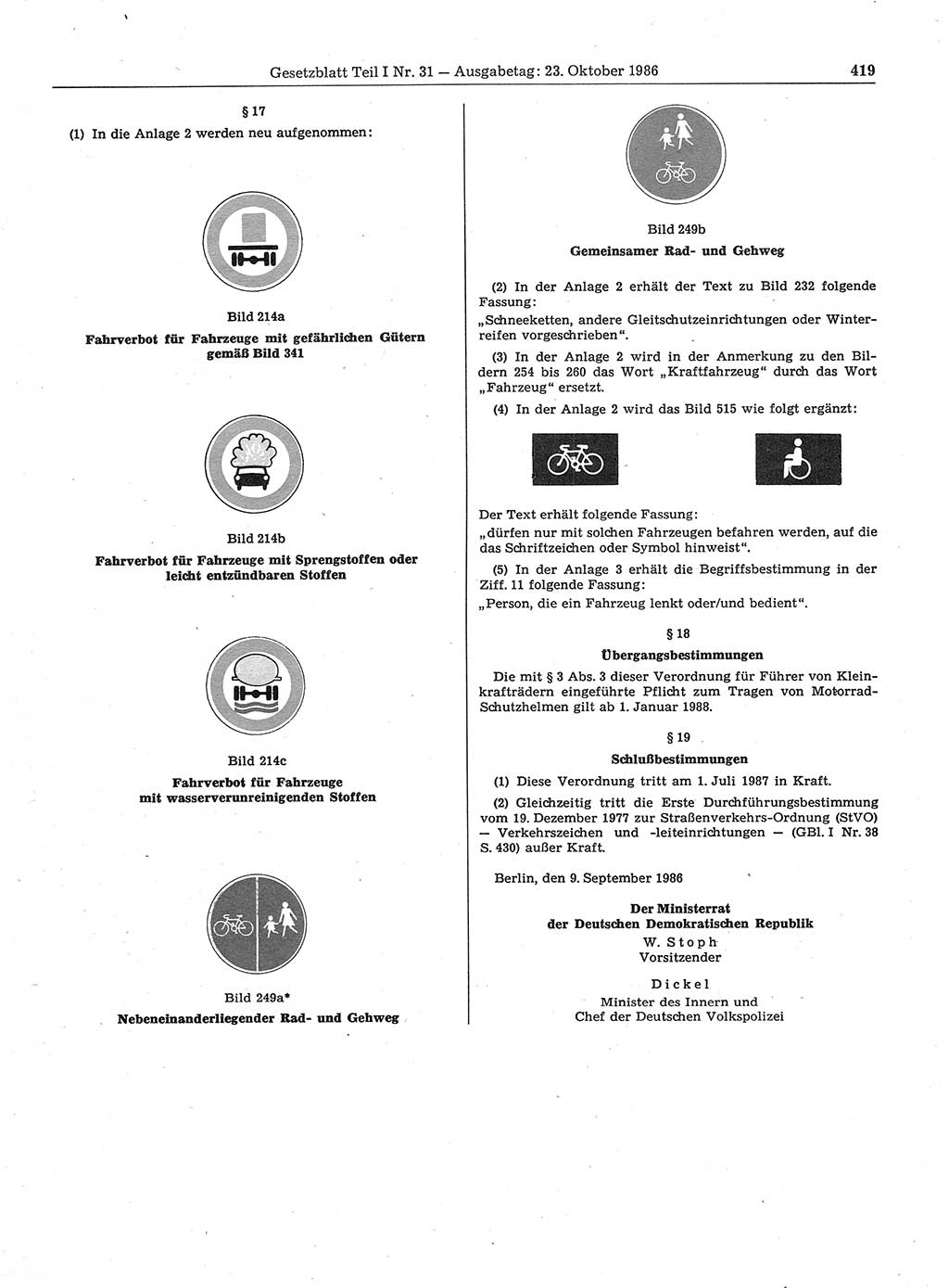 Gesetzblatt (GBl.) der Deutschen Demokratischen Republik (DDR) Teil Ⅰ 1986, Seite 419 (GBl. DDR Ⅰ 1986, S. 419)