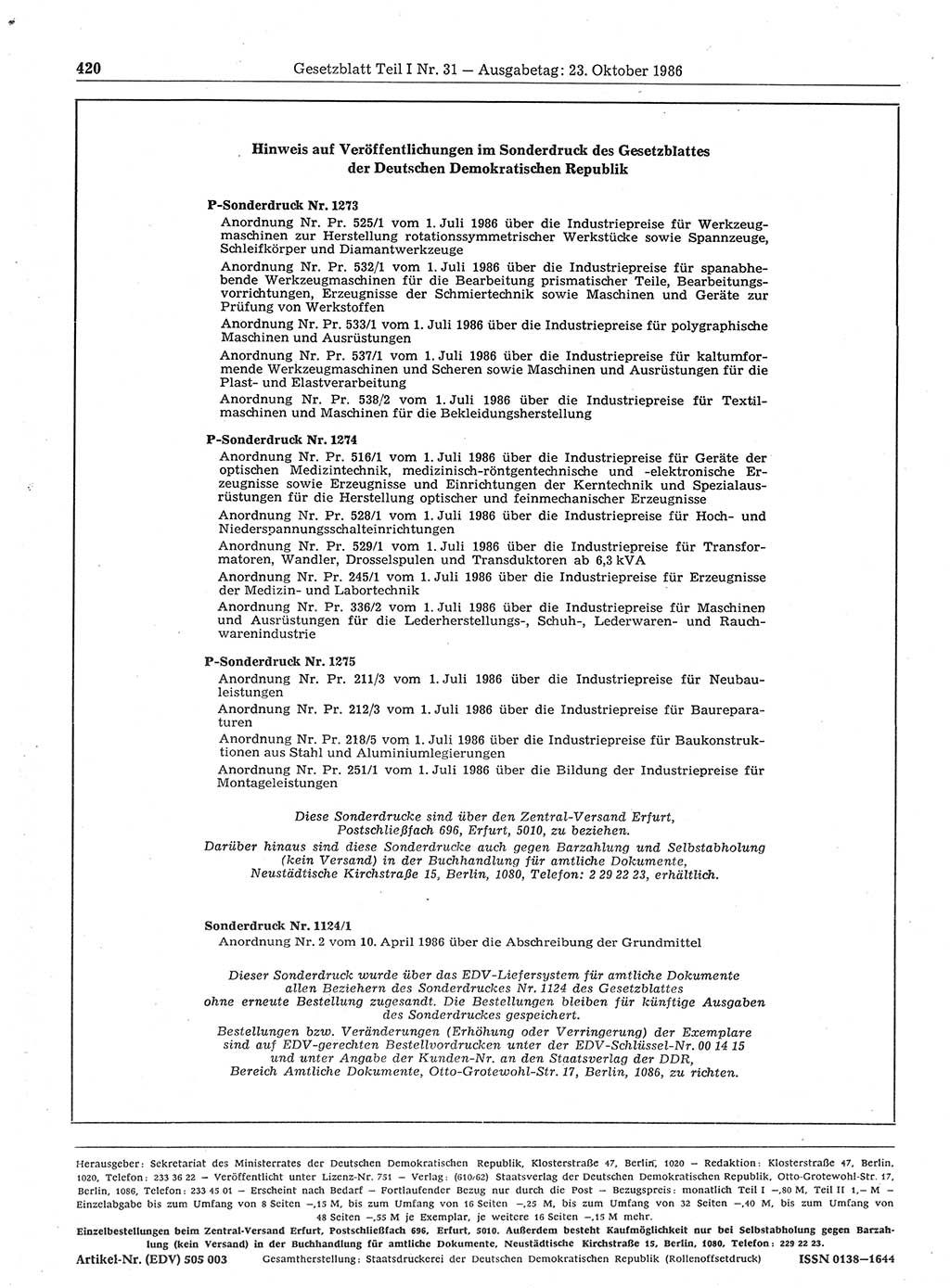 Gesetzblatt (GBl.) der Deutschen Demokratischen Republik (DDR) Teil Ⅰ 1986, Seite 420 (GBl. DDR Ⅰ 1986, S. 420)