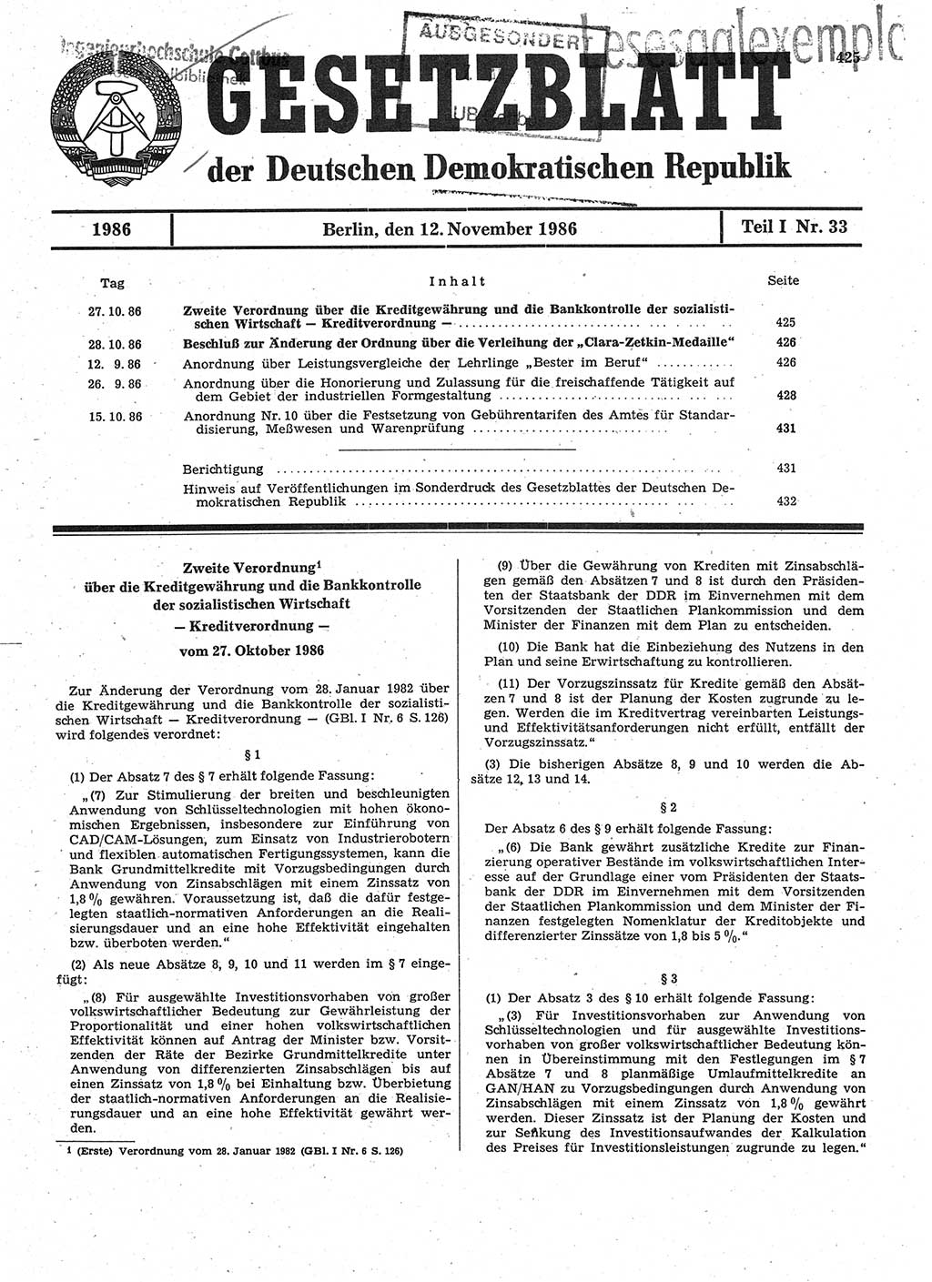Gesetzblatt (GBl.) der Deutschen Demokratischen Republik (DDR) Teil Ⅰ 1986, Seite 425 (GBl. DDR Ⅰ 1986, S. 425)
