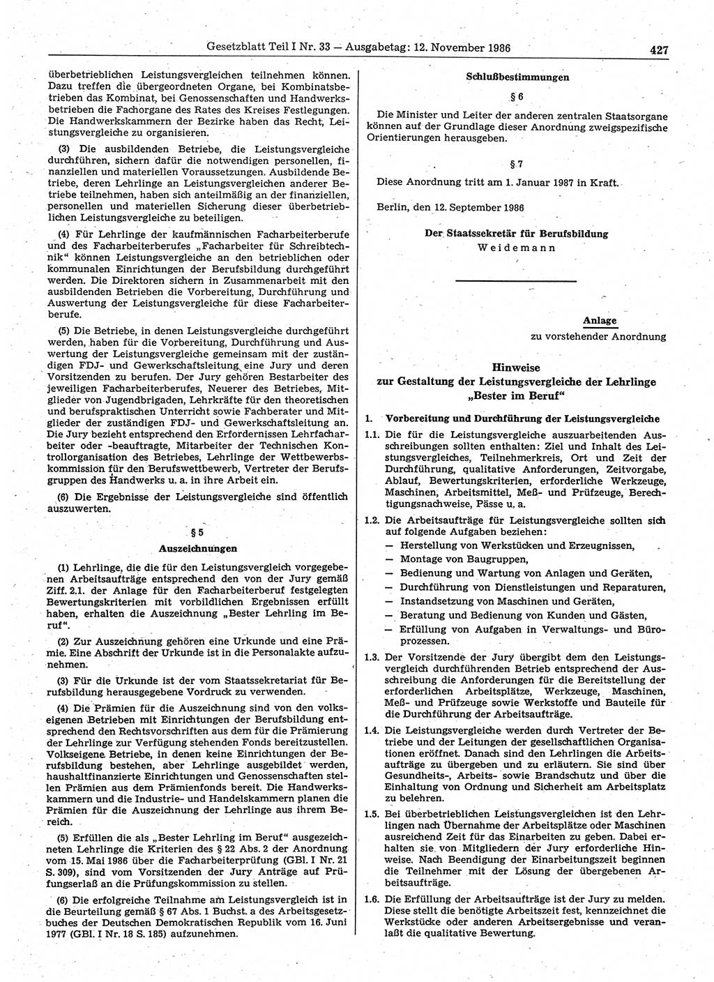 Gesetzblatt (GBl.) der Deutschen Demokratischen Republik (DDR) Teil Ⅰ 1986, Seite 427 (GBl. DDR Ⅰ 1986, S. 427)