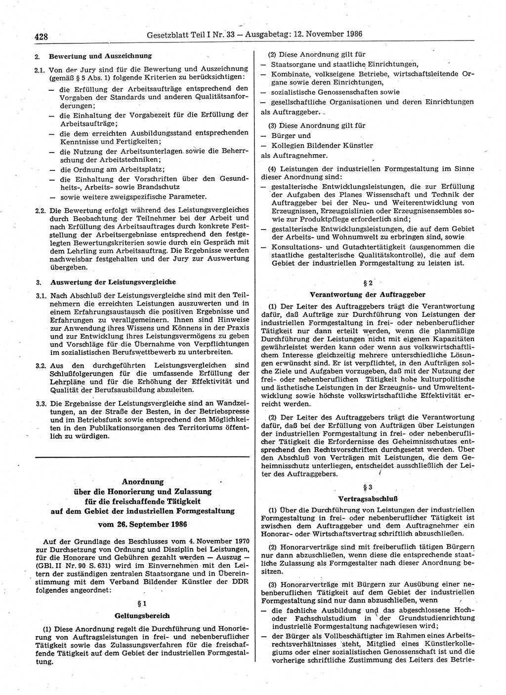 Gesetzblatt (GBl.) der Deutschen Demokratischen Republik (DDR) Teil Ⅰ 1986, Seite 428 (GBl. DDR Ⅰ 1986, S. 428)