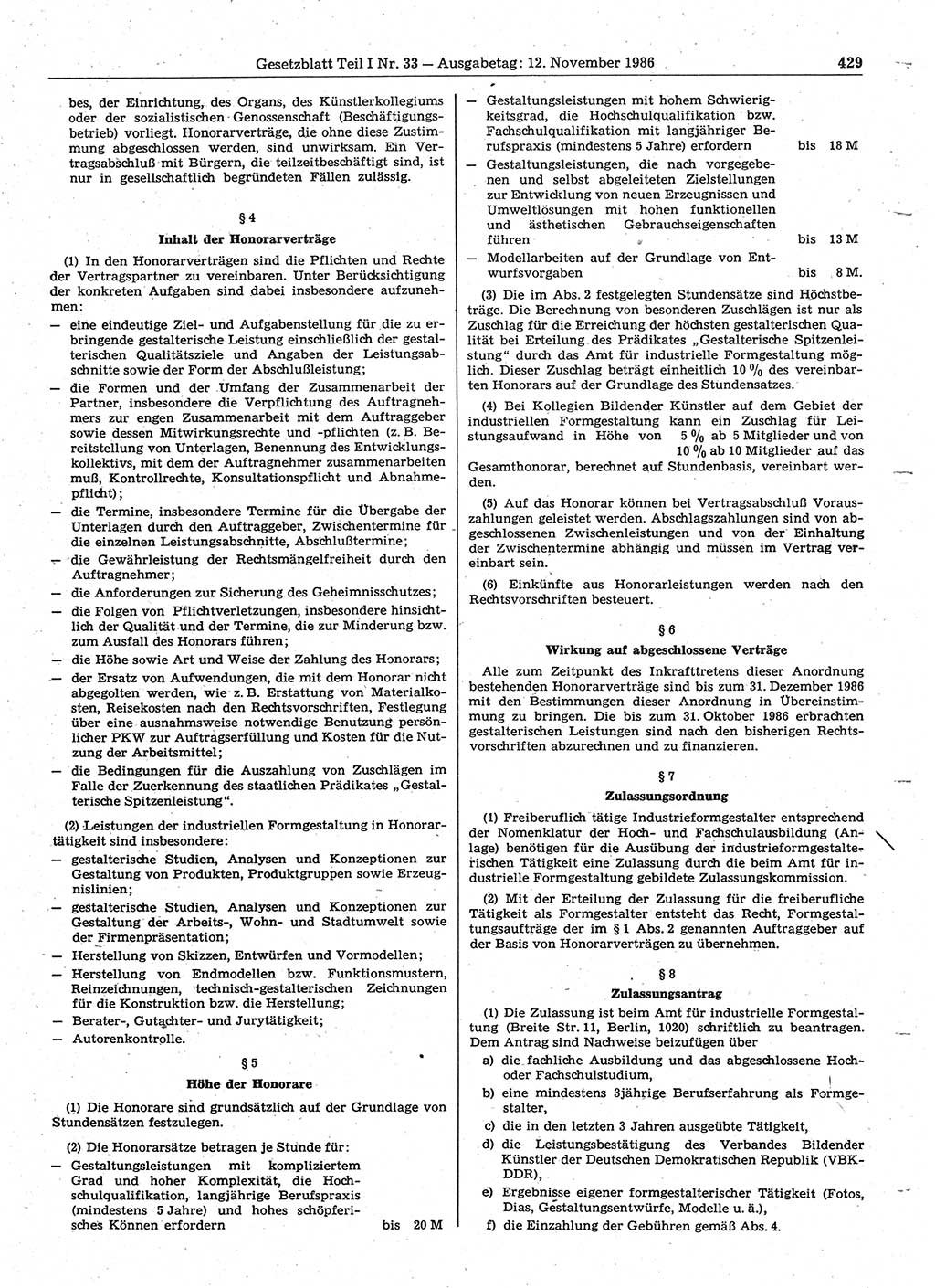 Gesetzblatt (GBl.) der Deutschen Demokratischen Republik (DDR) Teil Ⅰ 1986, Seite 429 (GBl. DDR Ⅰ 1986, S. 429)