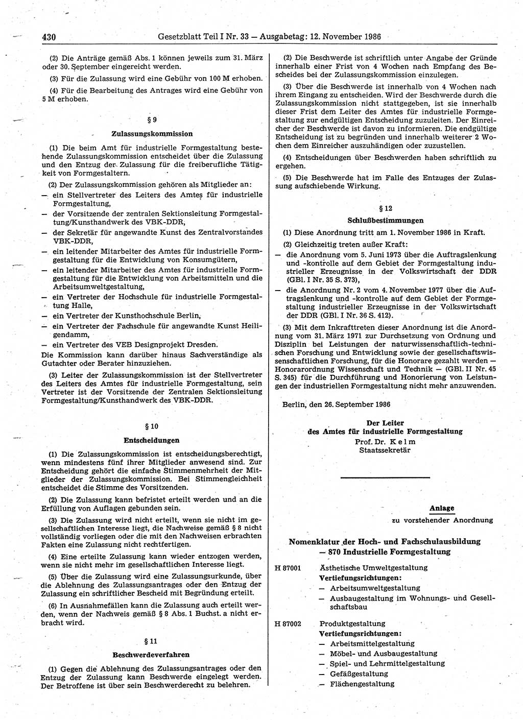 Gesetzblatt (GBl.) der Deutschen Demokratischen Republik (DDR) Teil Ⅰ 1986, Seite 430 (GBl. DDR Ⅰ 1986, S. 430)