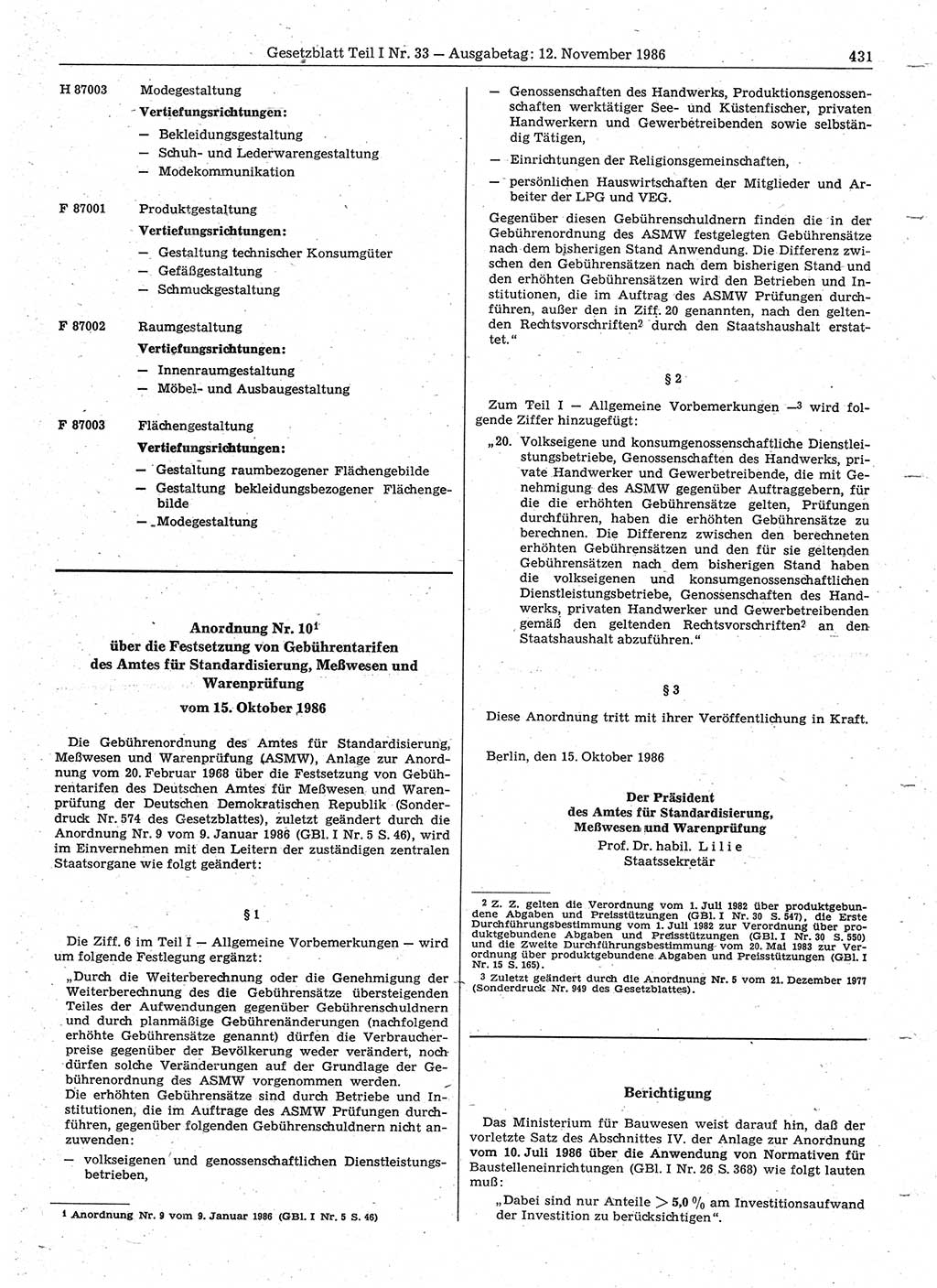 Gesetzblatt (GBl.) der Deutschen Demokratischen Republik (DDR) Teil Ⅰ 1986, Seite 431 (GBl. DDR Ⅰ 1986, S. 431)