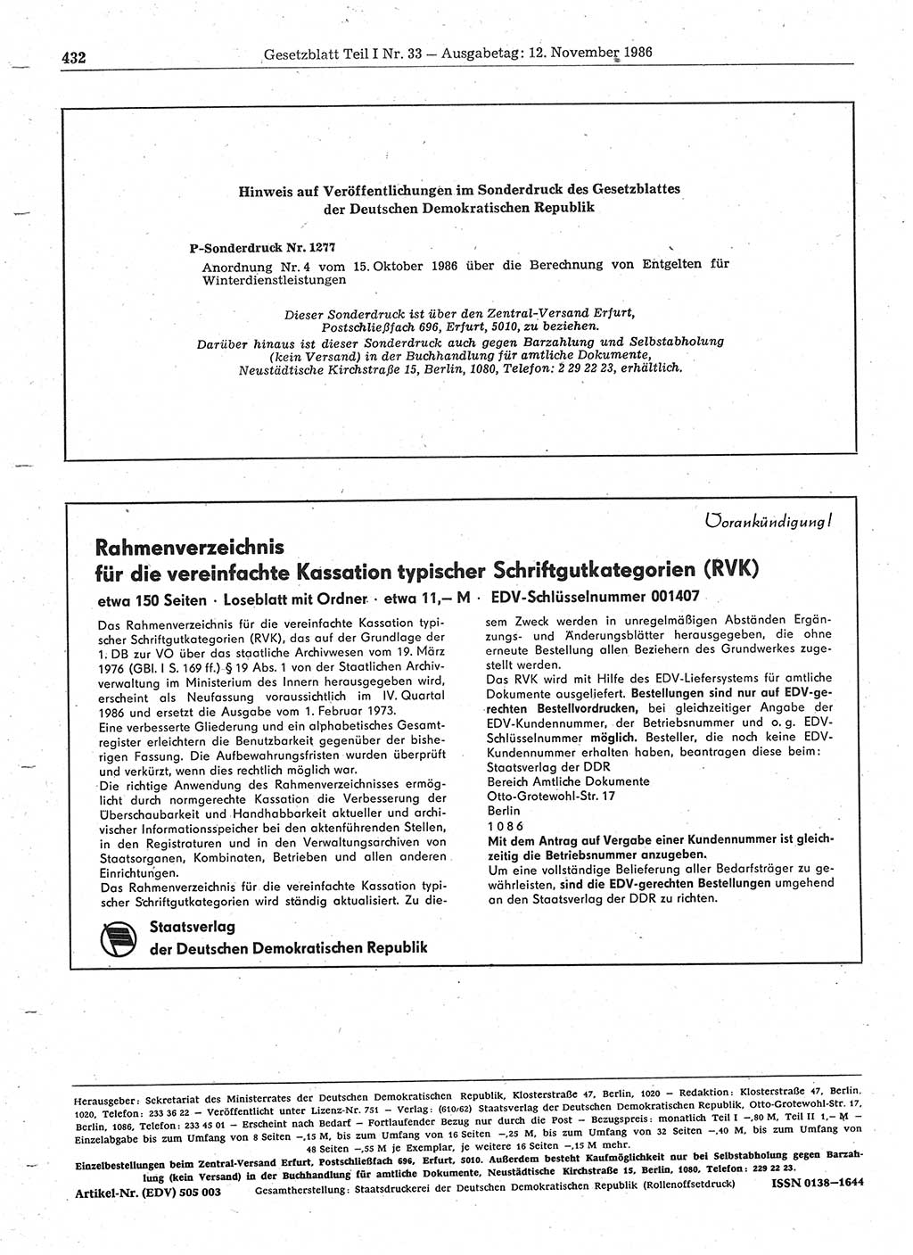 Gesetzblatt (GBl.) der Deutschen Demokratischen Republik (DDR) Teil Ⅰ 1986, Seite 432 (GBl. DDR Ⅰ 1986, S. 432)