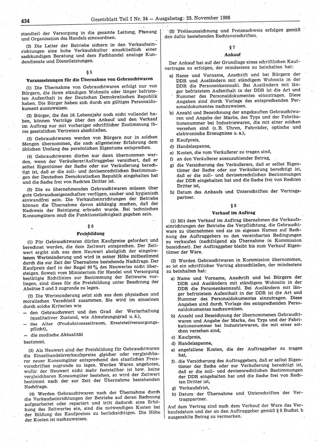Gesetzblatt (GBl.) der Deutschen Demokratischen Republik (DDR) Teil Ⅰ 1986, Seite 434 (GBl. DDR Ⅰ 1986, S. 434)