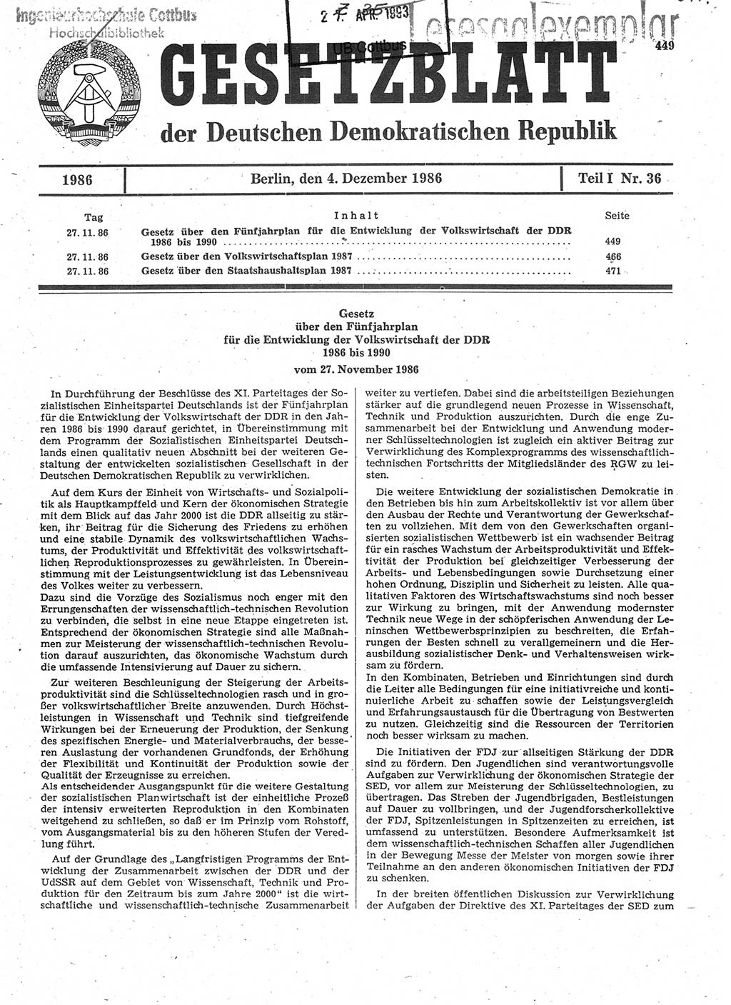 Gesetzblatt (GBl.) der Deutschen Demokratischen Republik (DDR) Teil Ⅰ 1986, Seite 449 (GBl. DDR Ⅰ 1986, S. 449)