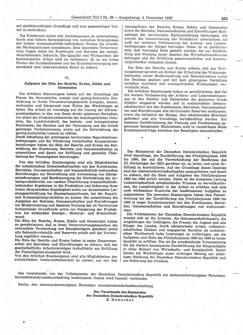 Gesetzblatt (GBl.) der Deutschen Demokratischen Republik (DDR) Teil Ⅰ 1986, Seite 465 (GBl. DDR Ⅰ 1986, S. 465)